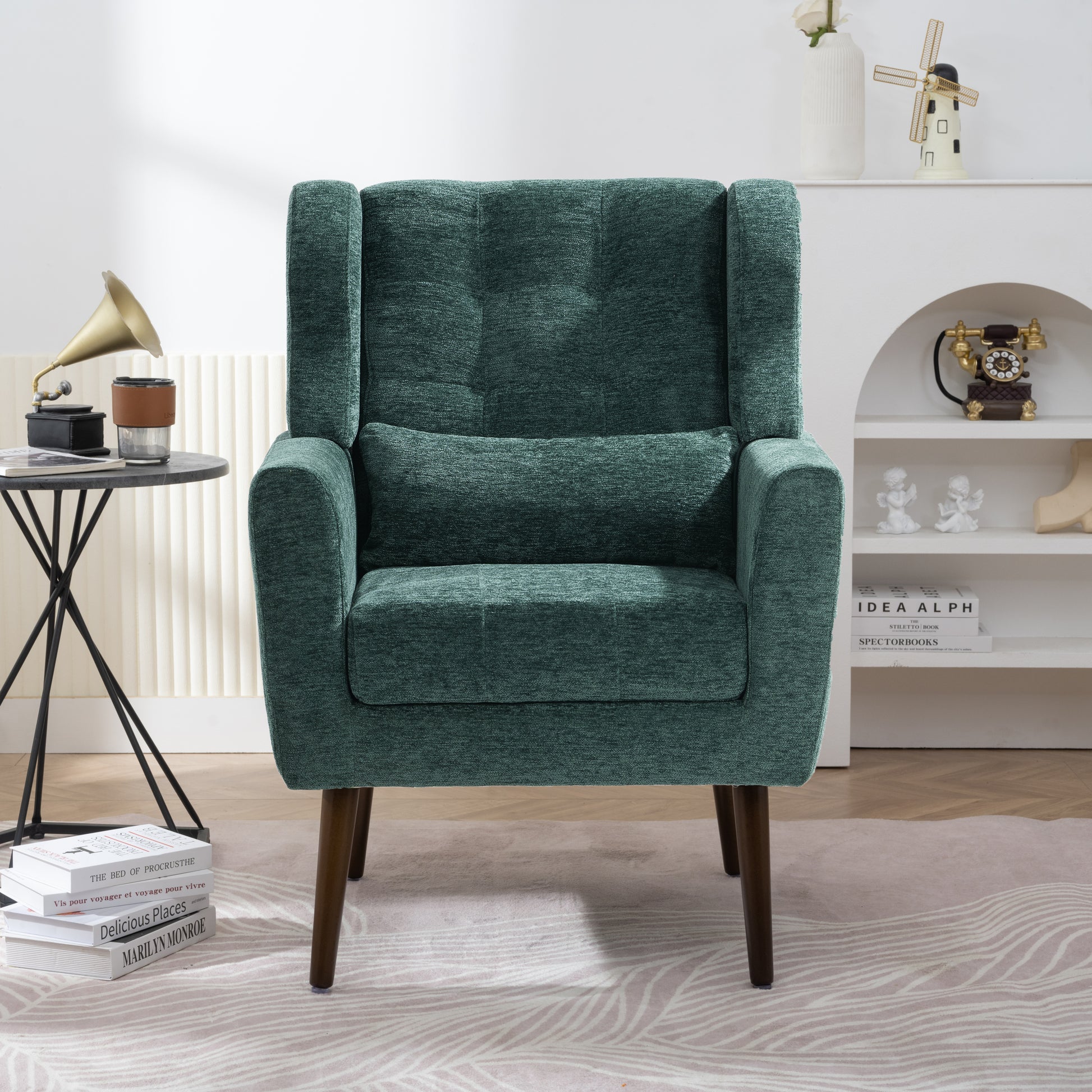 Modern Accent Chair,Chenille Arm Chairs For Living Room,Upholstered Mordern Armchair,Comfy Soft Padded Lounge Chair In Small Space, Bedroom, W Pillow, Solid Wood Leg Blackish Green Blackish Green Light Brown Primary Living Space Modern Rubberwood Foam