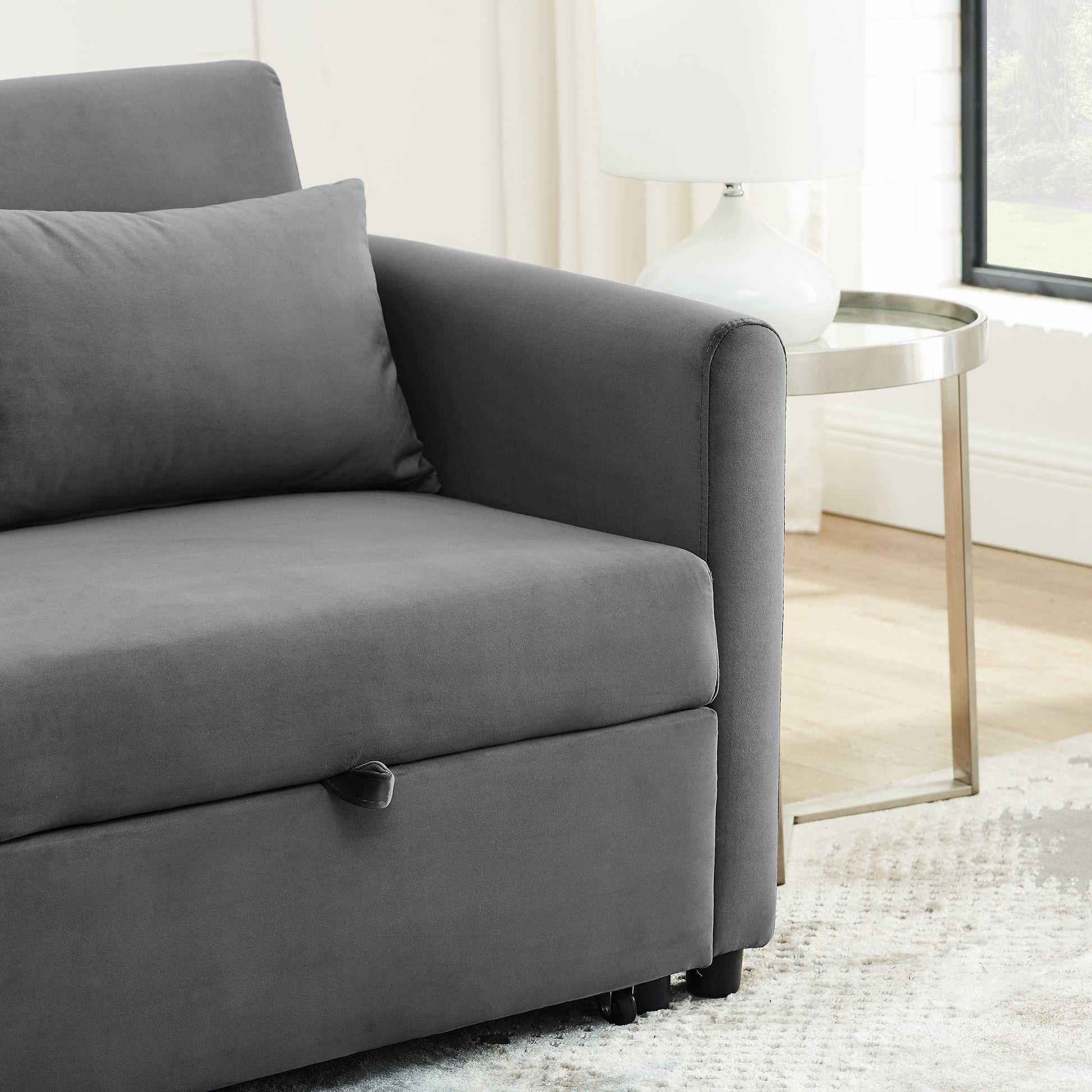 Convertible Sofa Bed, 3 In 1 Versatile Velvet Double Sofa With Pullout Bed, Seat With Adjustable Backrest, Lumbar Pillows, And Living Room Side Pockets, 54 Inch, Grey Light Brown Wood Primary Living Space Delicate Duty Eucalyptus 2 Seat Grey Velvet Soft