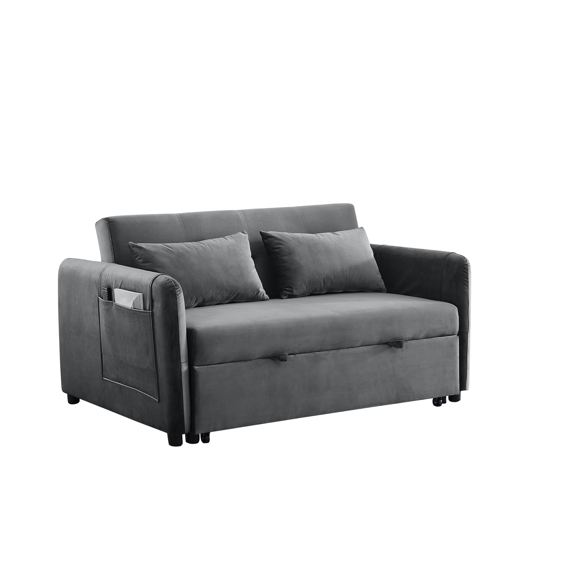 Convertible Sofa Bed, 3 In 1 Versatile Velvet Double Sofa With Pullout Bed, Seat With Adjustable Backrest, Lumbar Pillows, And Living Room Side Pockets, 54 Inch, Grey Brown Wood Primary Living Space Delicate Duty Eucalyptus 2 Seat Grey Velvet Soft Pillow