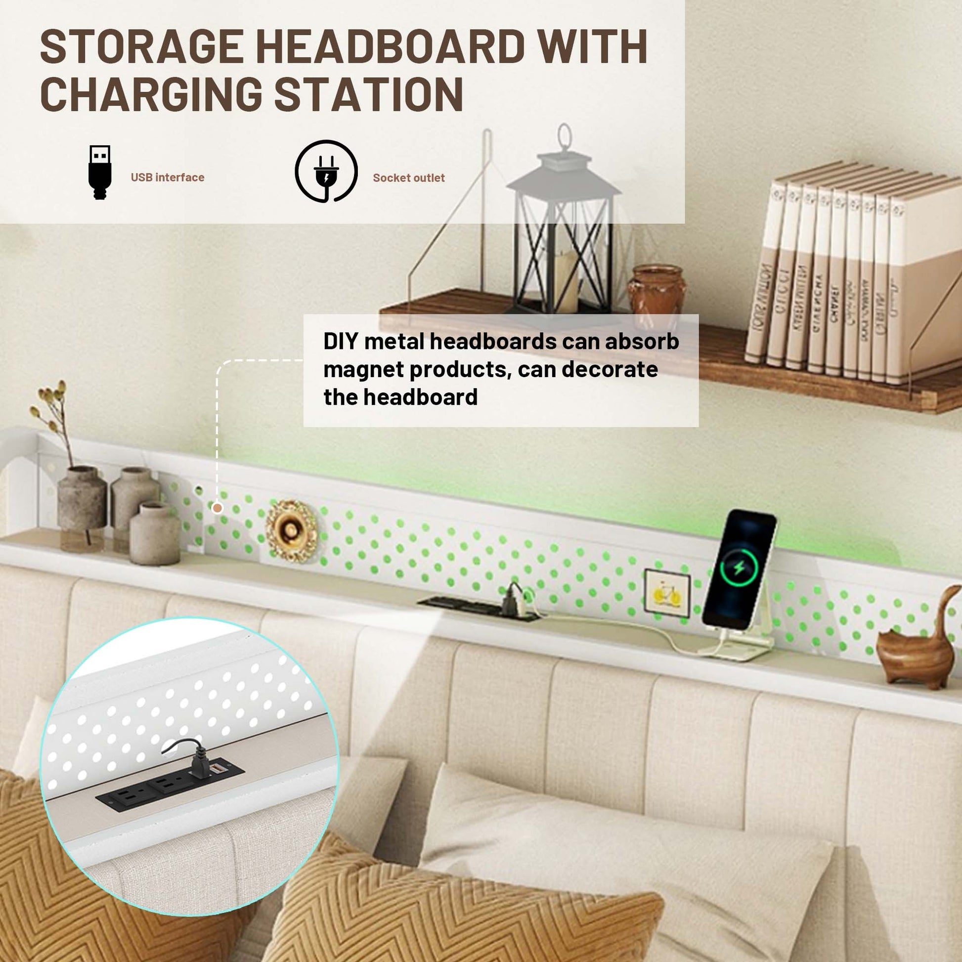 Queen Bed Frame With Led Headboard, Upholstered Bed With 4 Storage Drawers And Usb Ports, Beige Queen Beige Linen