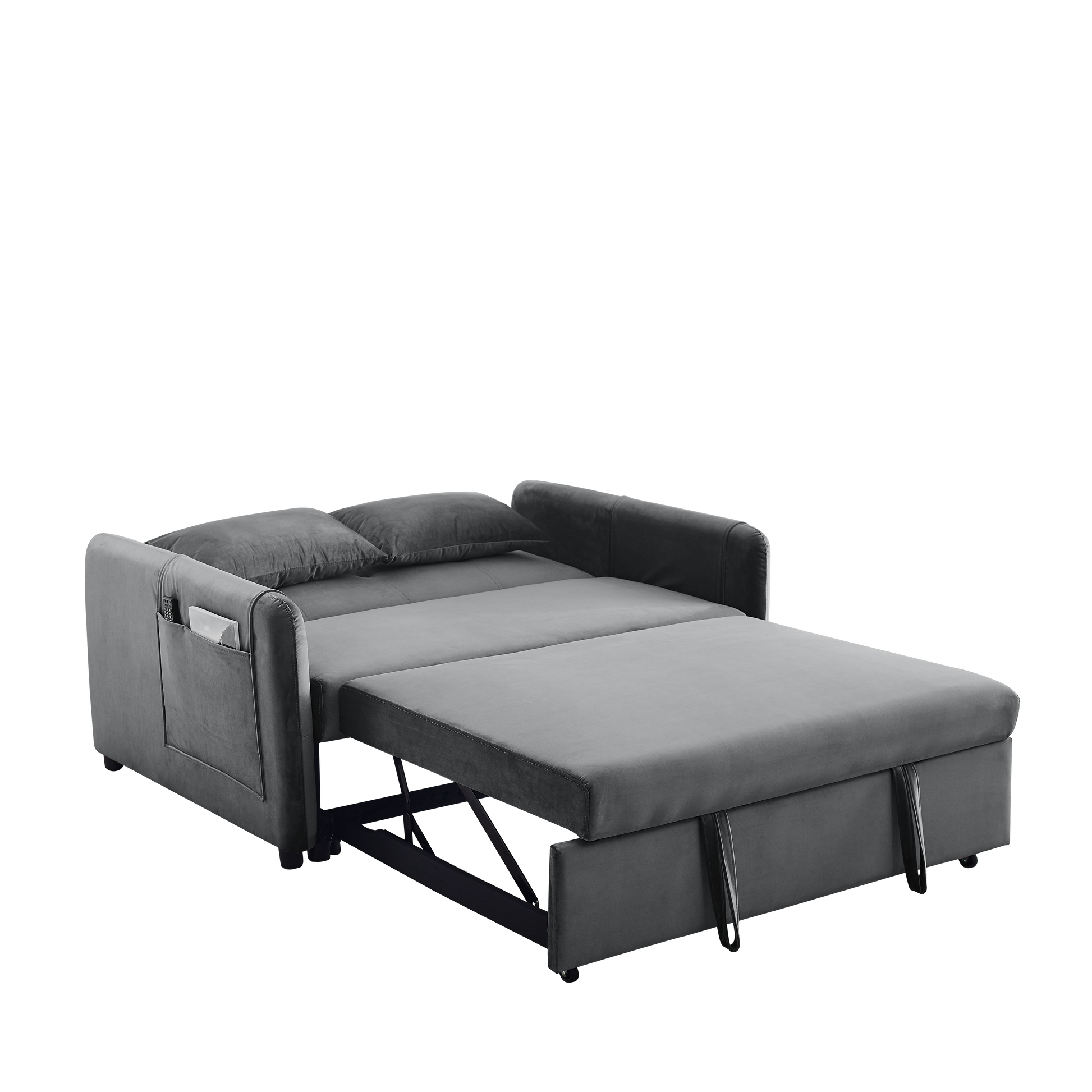 Convertible Sofa Bed, 3 In 1 Versatile Velvet Double Sofa With Pullout Bed, Seat With Adjustable Backrest, Lumbar Pillows, And Living Room Side Pockets, 54 Inch, Grey Brown Wood Primary Living Space Delicate Duty Eucalyptus 2 Seat Grey Velvet Soft Pillow