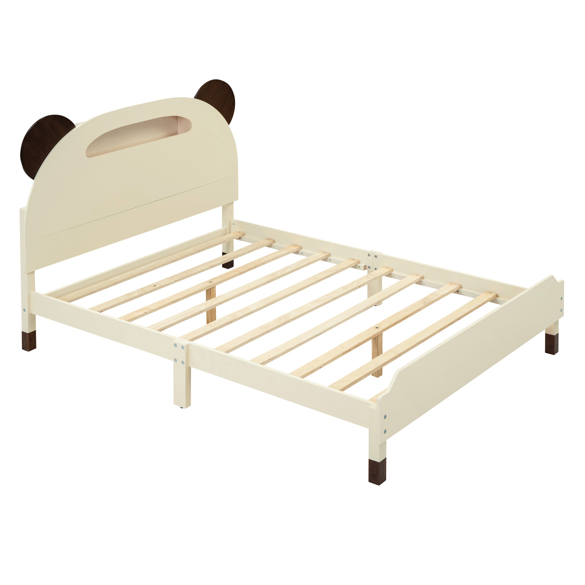 3 Pieces Bedroom Sets Full Size Bear Shape Platform Bed With Nightstand And Storage Dresser,Cream Walnut Cream Wood