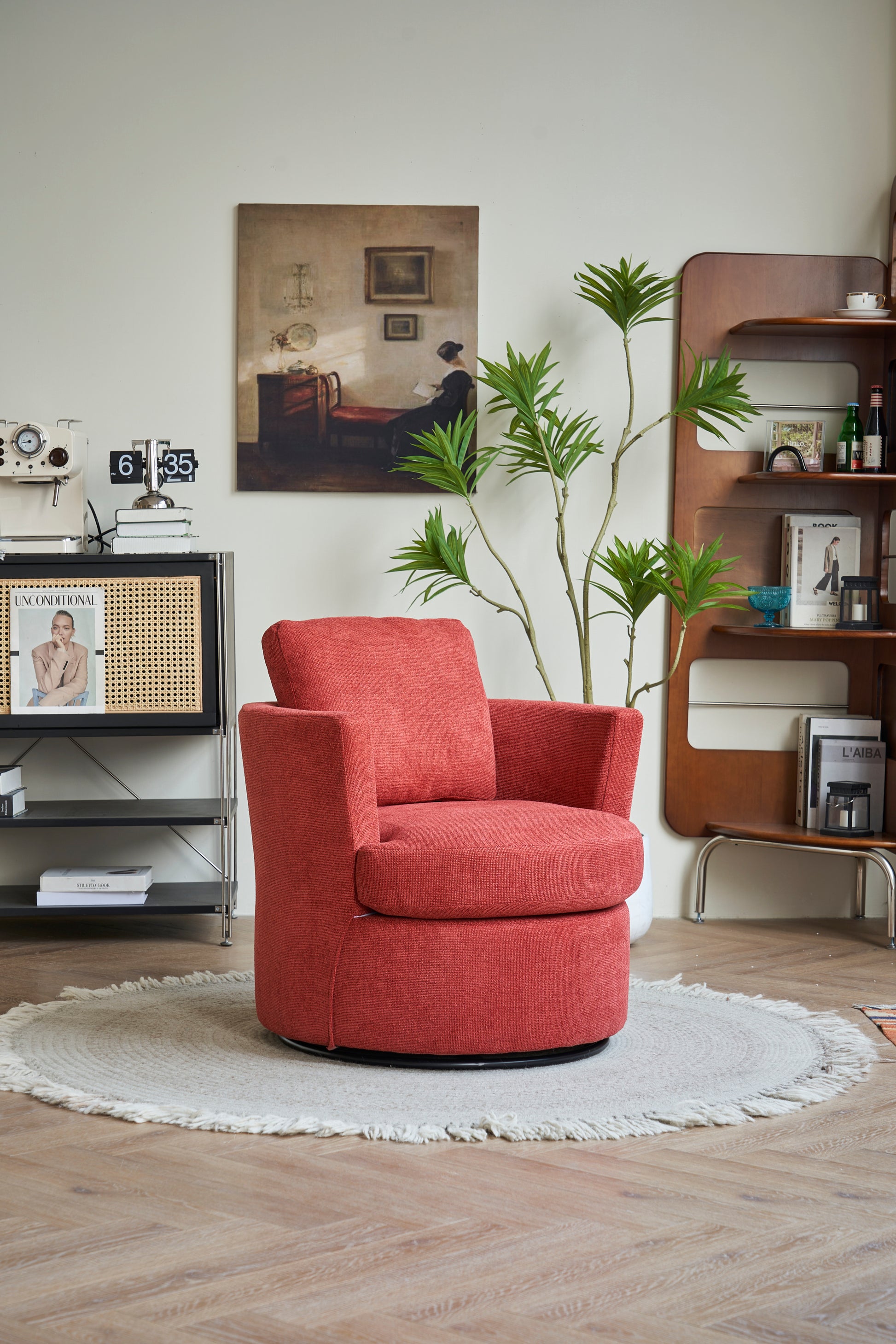 Swivel Barrel Chair, Comfy Round Accent Sofa Chair For Living Room, 360 Degree Swivel Barrel Club Chair, Leisure Arm Chair For Nursery, Hotel, Bedroom, Office, Lounge Brick Red Brick Red Primary Living Space Modern Foam Polyester