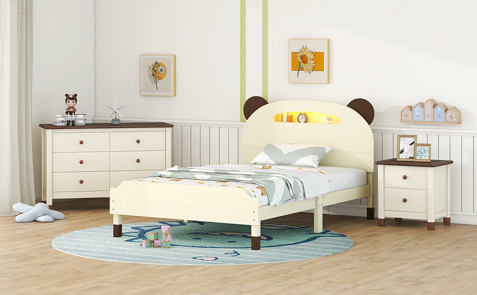 3 Pieces Bedroom Sets Twin Size Bear Shape Platform Bed With Nightstand And Storage Dresser,Cream Walnut Cream Wood