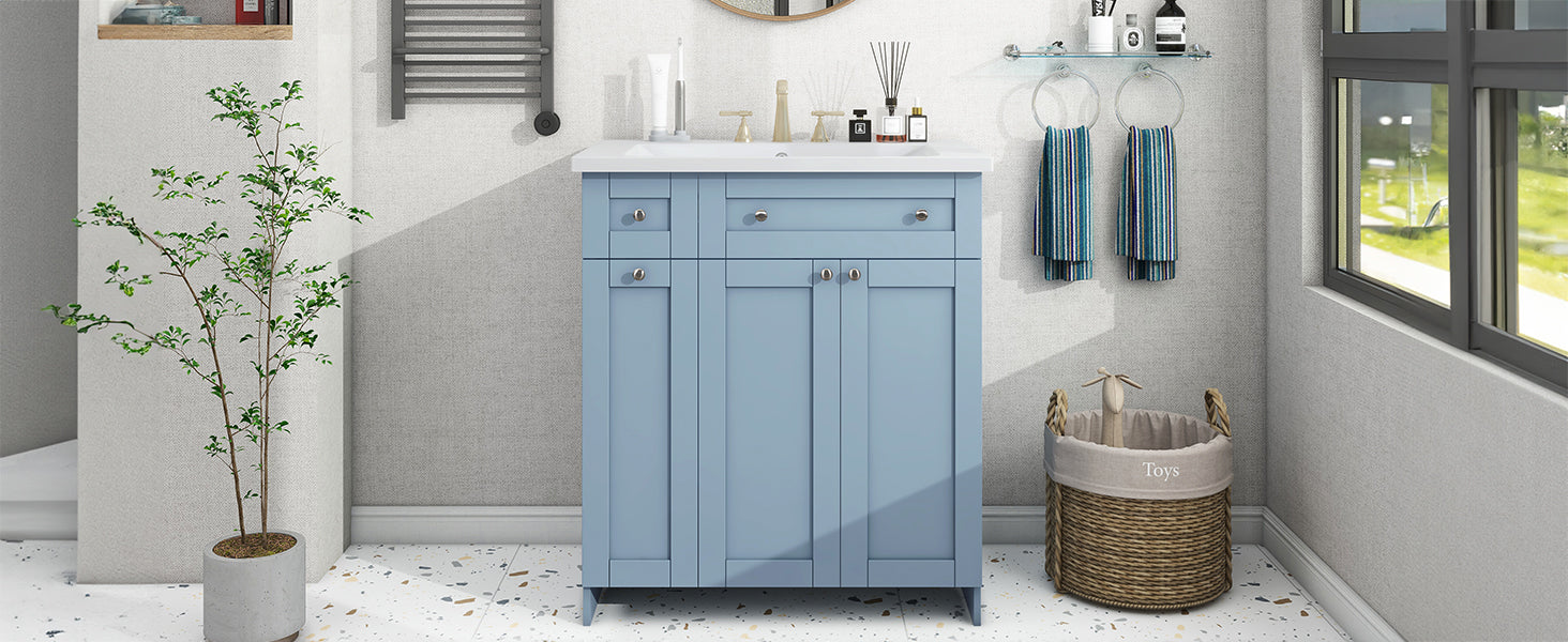 30 Inch Blue Bathroom Vanity With Ceramic Sink Combo, Abundant Storage Cabinet 2 Soft Close Doors And Double Tier Deep Drawer Blue Bathroom Mdf
