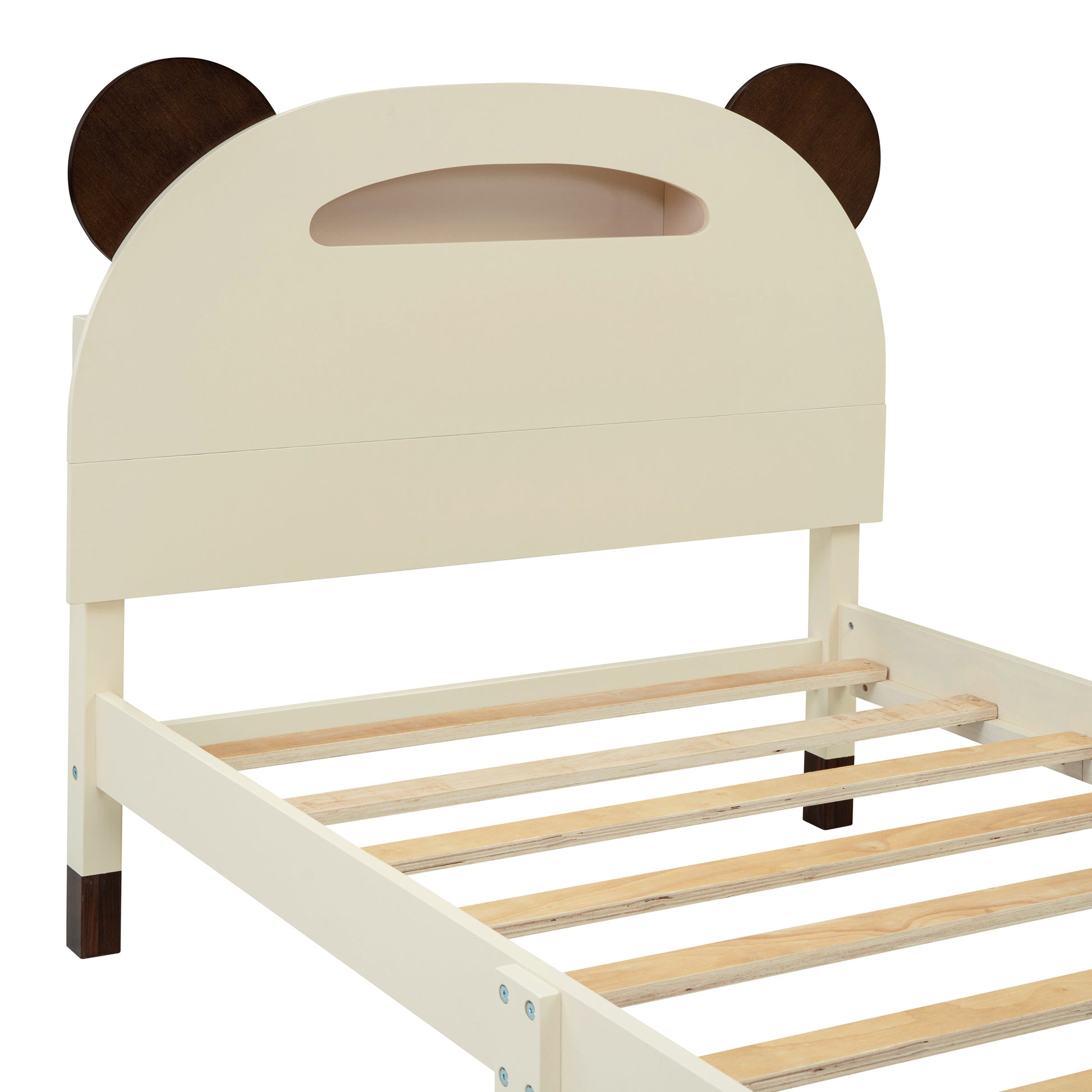 3 Pieces Bedroom Sets Twin Size Bear Shape Platform Bed With Nightstand And Storage Dresser,Cream Walnut Cream Wood