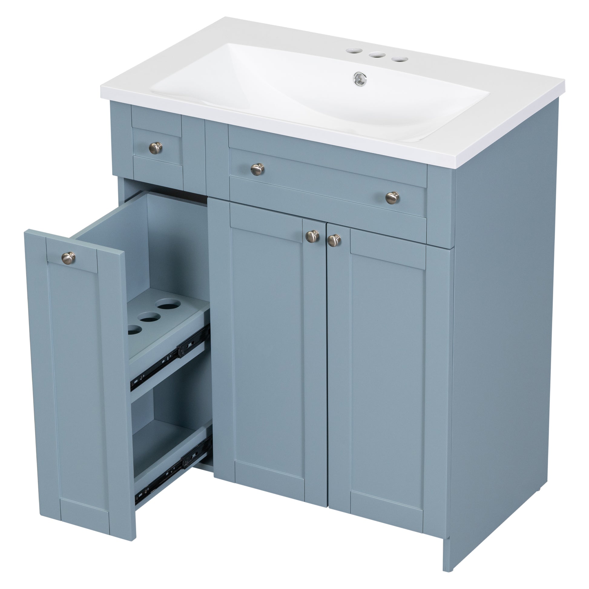 30 Inch Blue Bathroom Vanity With Ceramic Sink Combo, Abundant Storage Cabinet 2 Soft Close Doors And Double Tier Deep Drawer Blue Bathroom Mdf