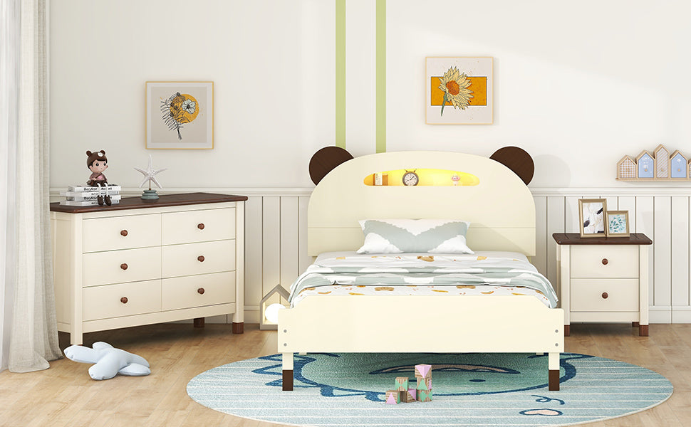 3 Pieces Bedroom Sets Twin Size Bear Shape Platform Bed With Nightstand And Storage Dresser,Cream Walnut Cream Wood