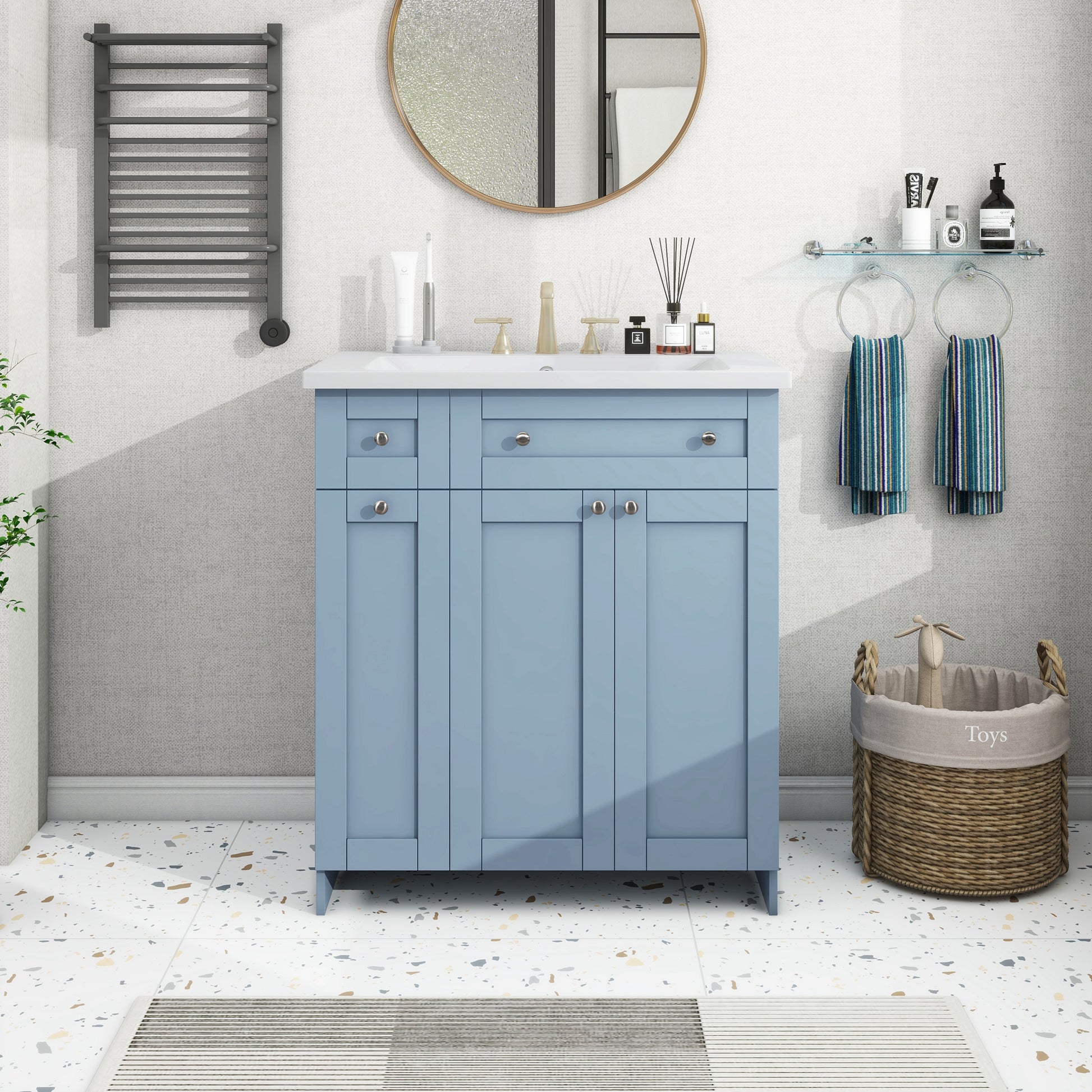 30 Inch Blue Bathroom Vanity With Ceramic Sink Combo, Abundant Storage Cabinet 2 Soft Close Doors And Double Tier Deep Drawer Blue Bathroom Mdf