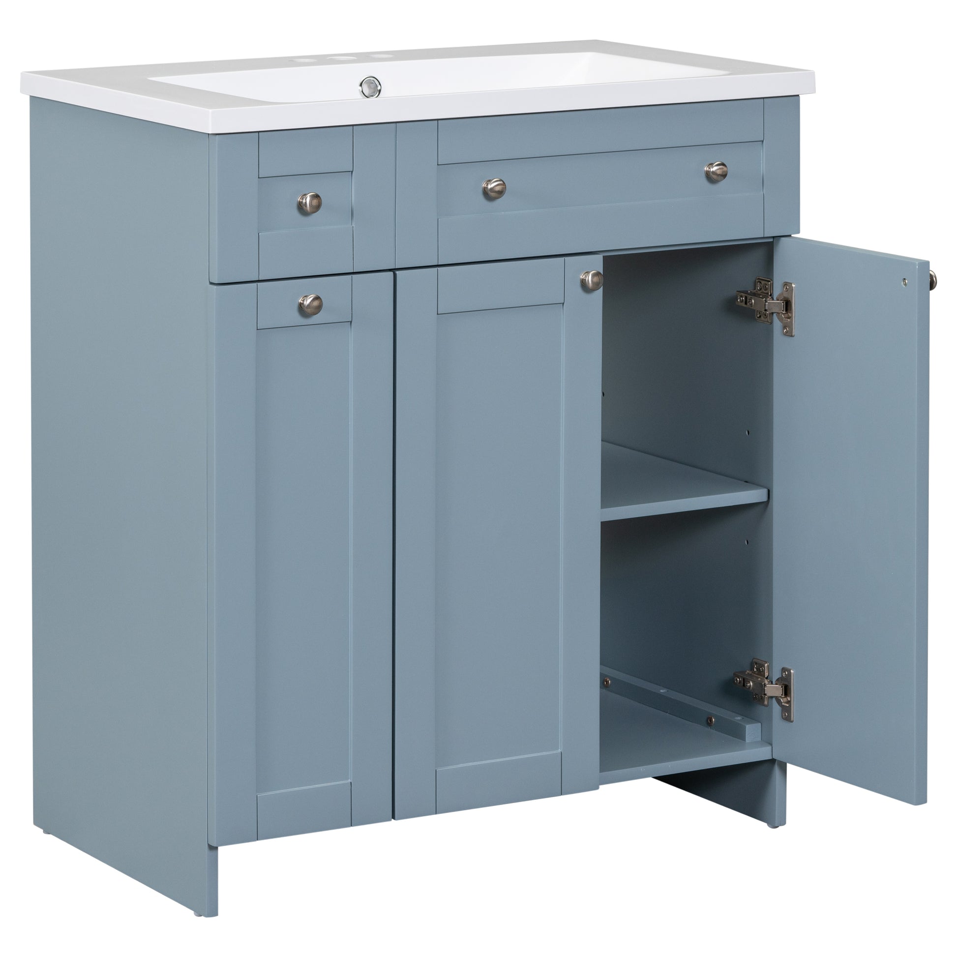 30 Inch Blue Bathroom Vanity With Ceramic Sink Combo, Abundant Storage Cabinet 2 Soft Close Doors And Double Tier Deep Drawer Blue Bathroom Mdf