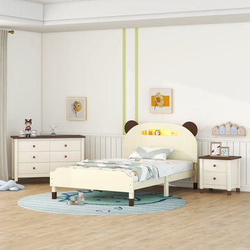 3 Pieces Bedroom Sets Twin Size Bear Shape Platform Bed With Nightstand And Storage Dresser,Cream Walnut Cream Wood