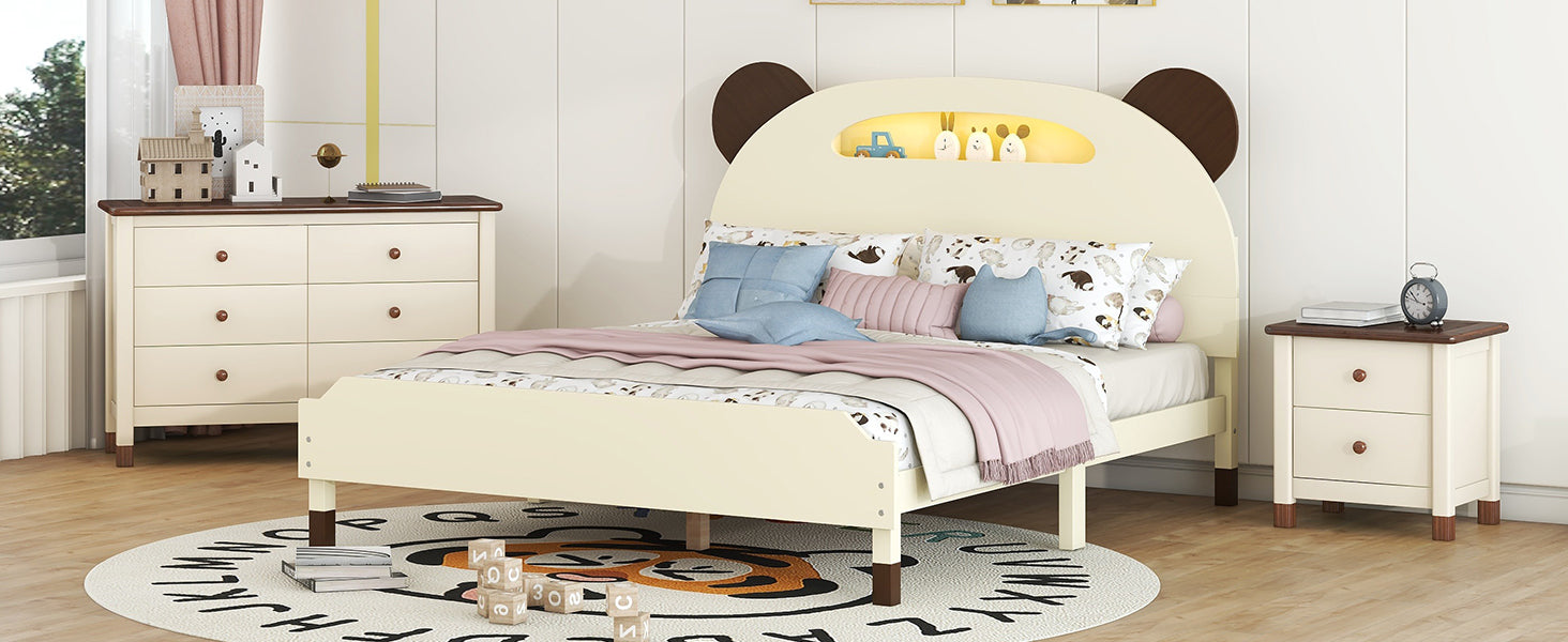 3 Pieces Bedroom Sets Full Size Bear Shape Platform Bed With Nightstand And Storage Dresser,Cream Walnut Cream Wood