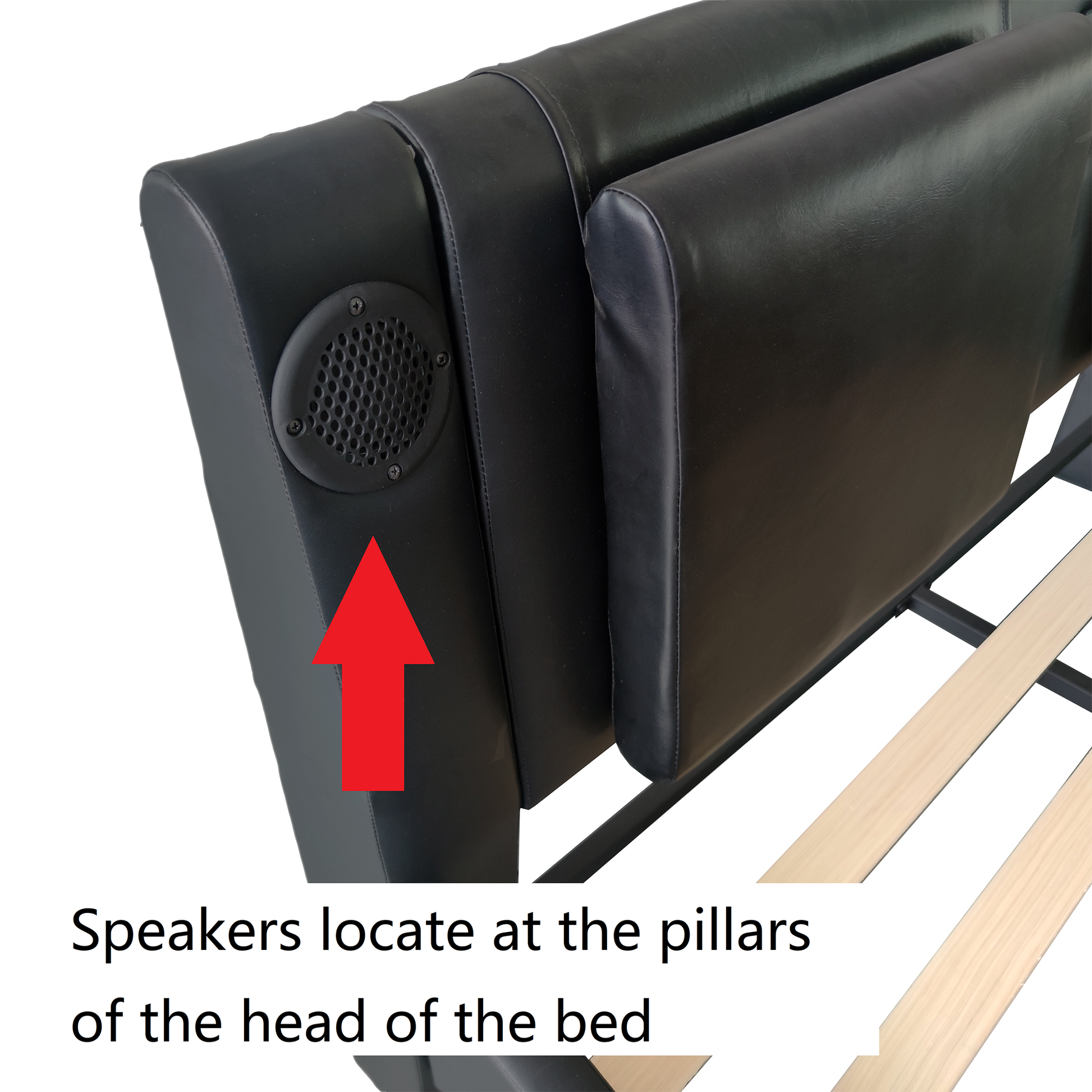 Faux Leather Upholstered Platform Bed Frame With Led Lighting, Bluetooth Connection To Play Music Control, Backrest Vibration Massage, Curve Design, Wood Slat Support, Exhibited Speakers,King Size Box Spring Not Required King Black Mdf