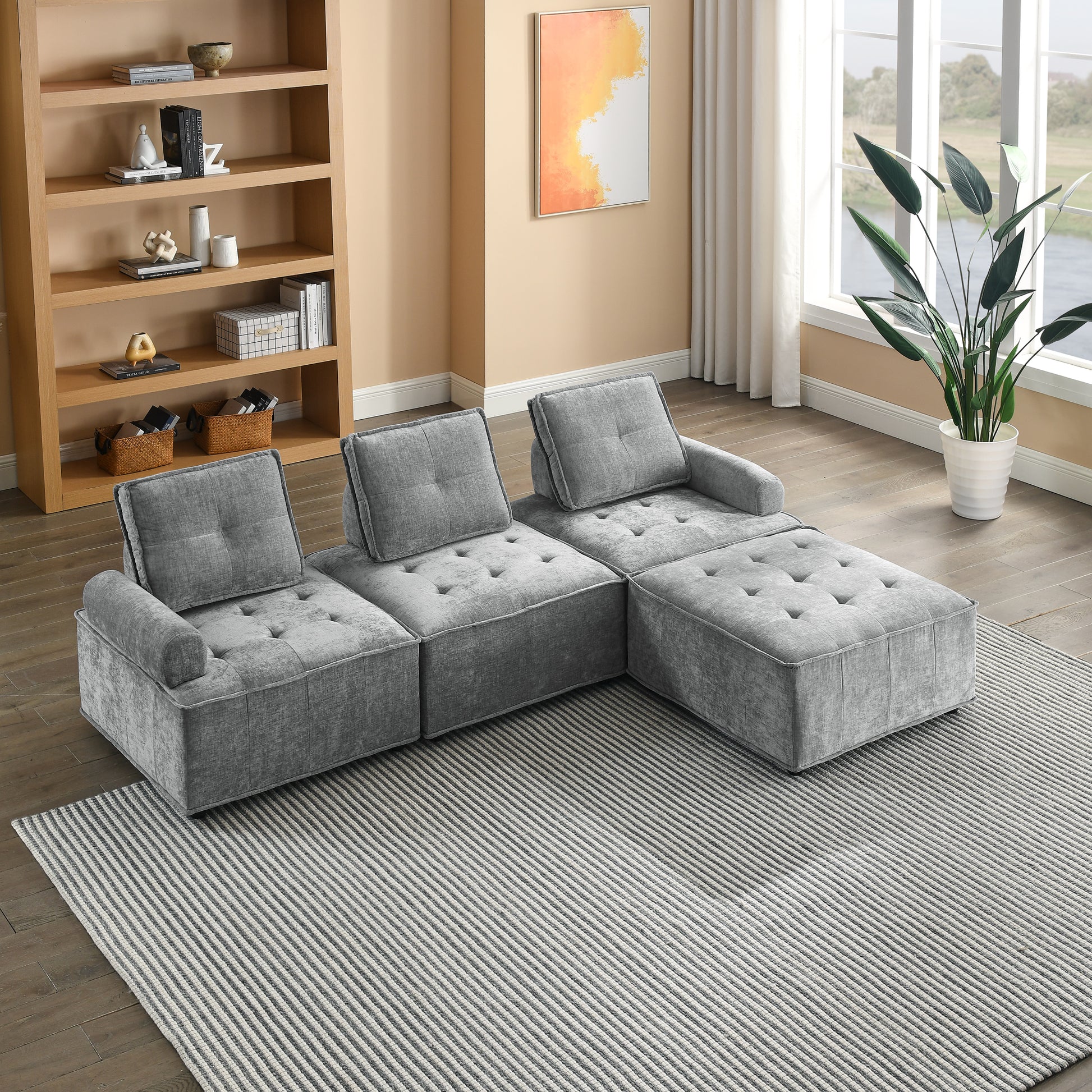L Shape Modular Sectional Sofa, Diy Combination, Chenille Grey Chenille Wood Tight Back Eucalyptus Square Arms Foam Chenille 4 Seat