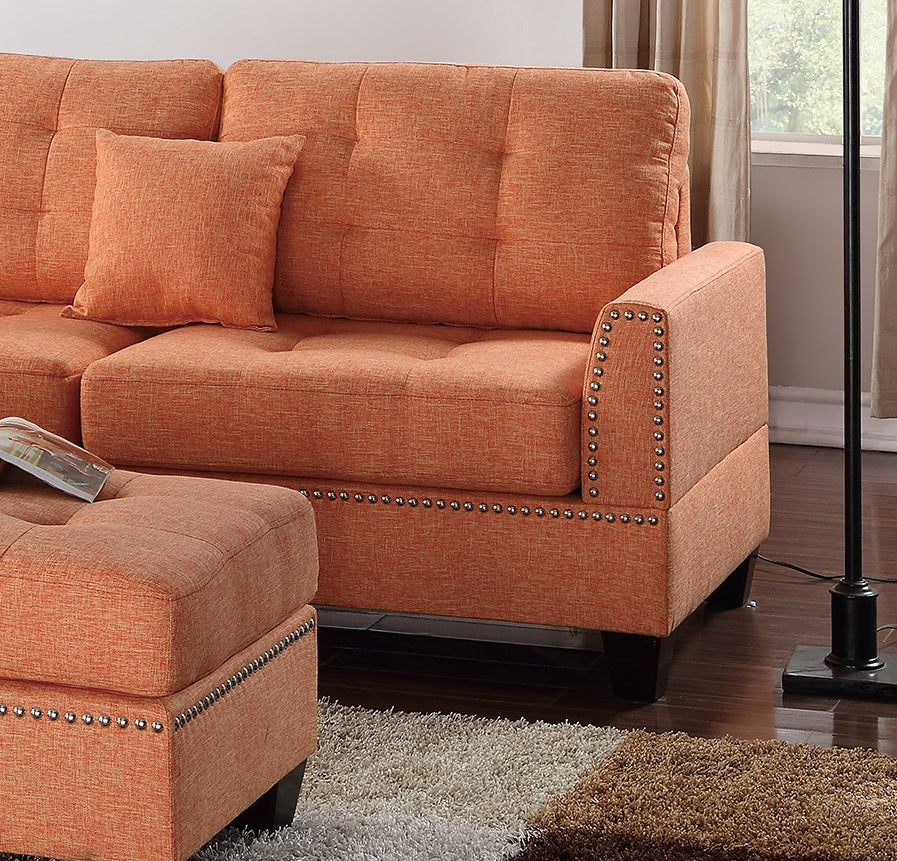 Modern Citrus Color 3Pcs Sectional Living Room Furniture Reversible Chaise Sofa And Ottoman Tufted Polyfiber Linen Like Fabric Cushion Couch Pillows Orange Primary Living Space Tufted Back Contemporary,Modern L Shaped Square Arms Plywood 5 Seat