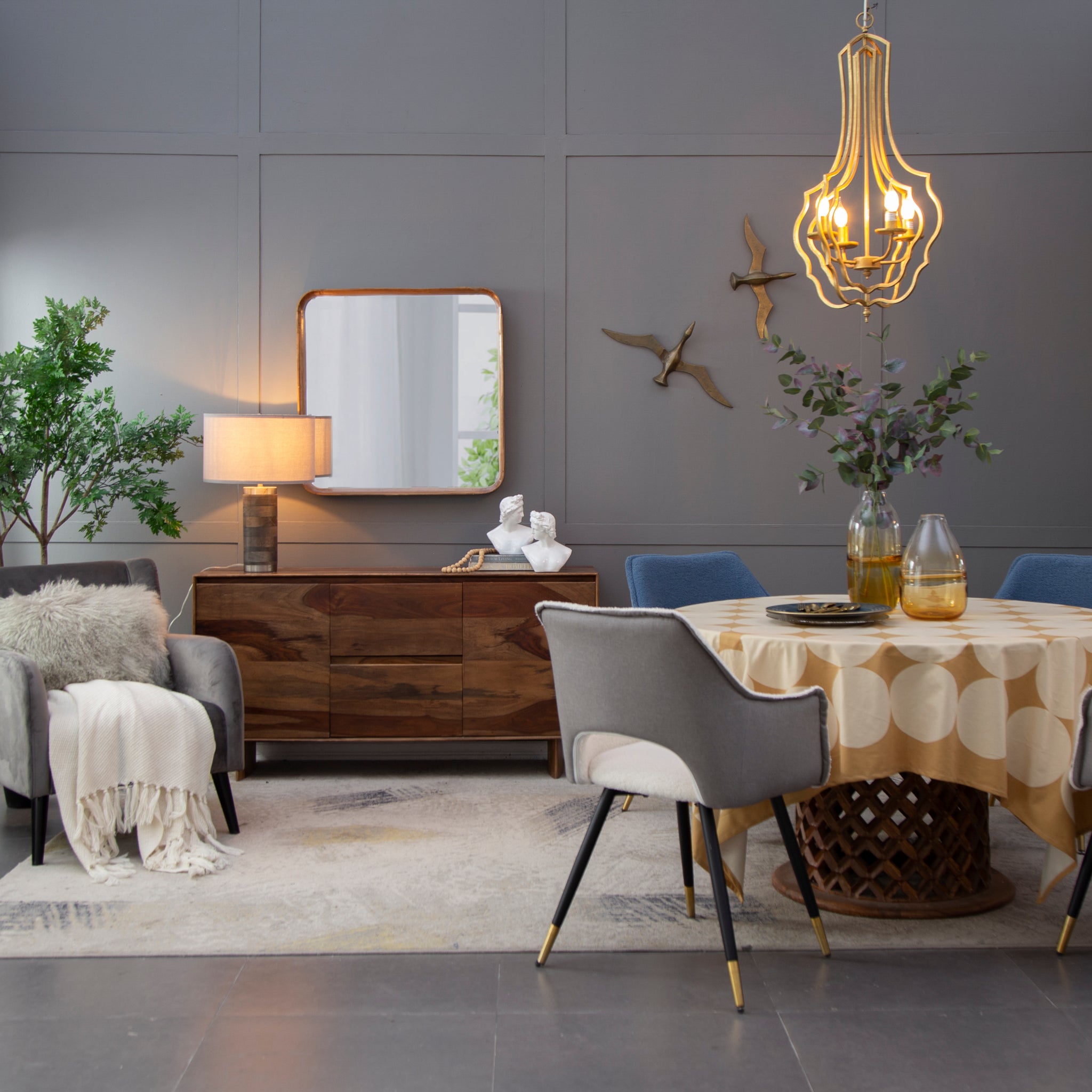 32"X32" Square Mirror With Wood Frame, Wall Mirror For Living Room Bathroom Entryway Brown Wood Glass