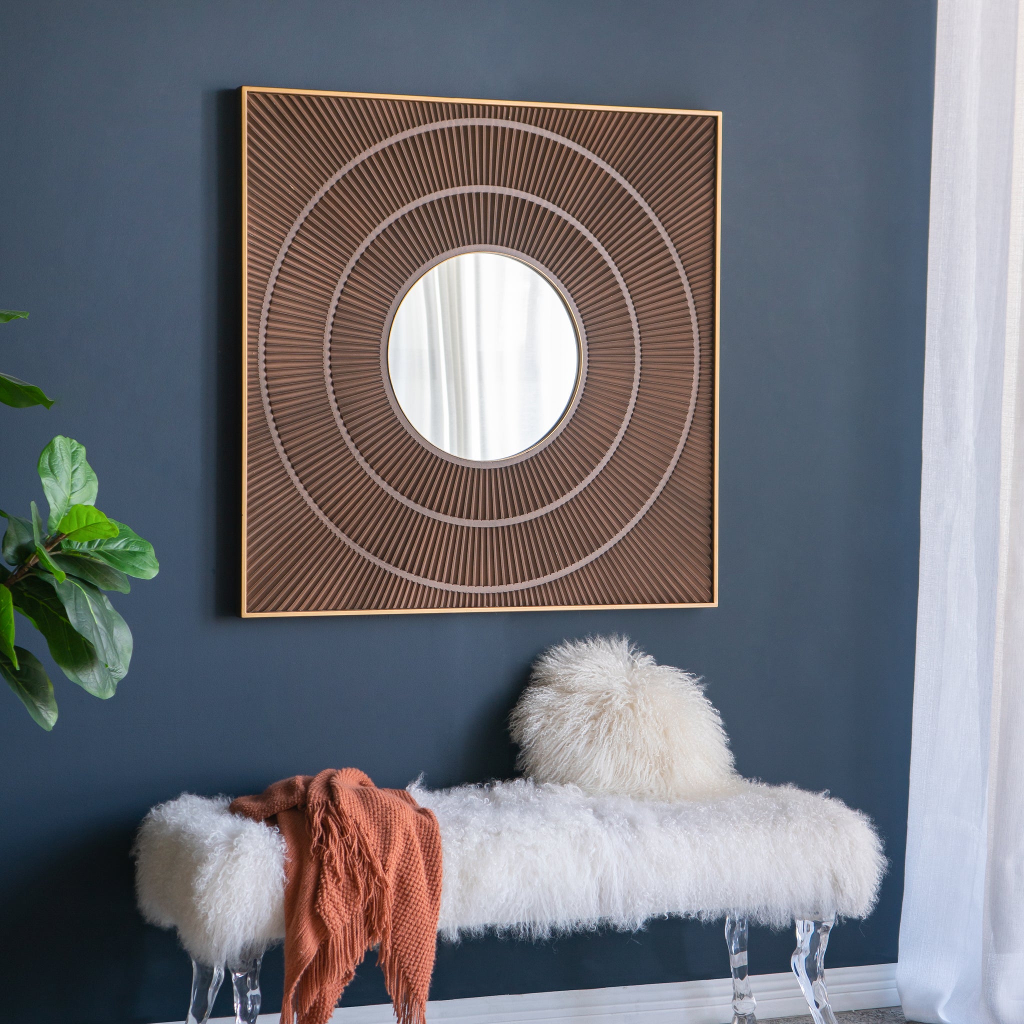 40" X 40" Square Carved Mirror With Pleated Design With Gold Iron Frame, Neutral Colorway Wall Decor For Living Room Bathroom Entryway Brown Mdf Glass