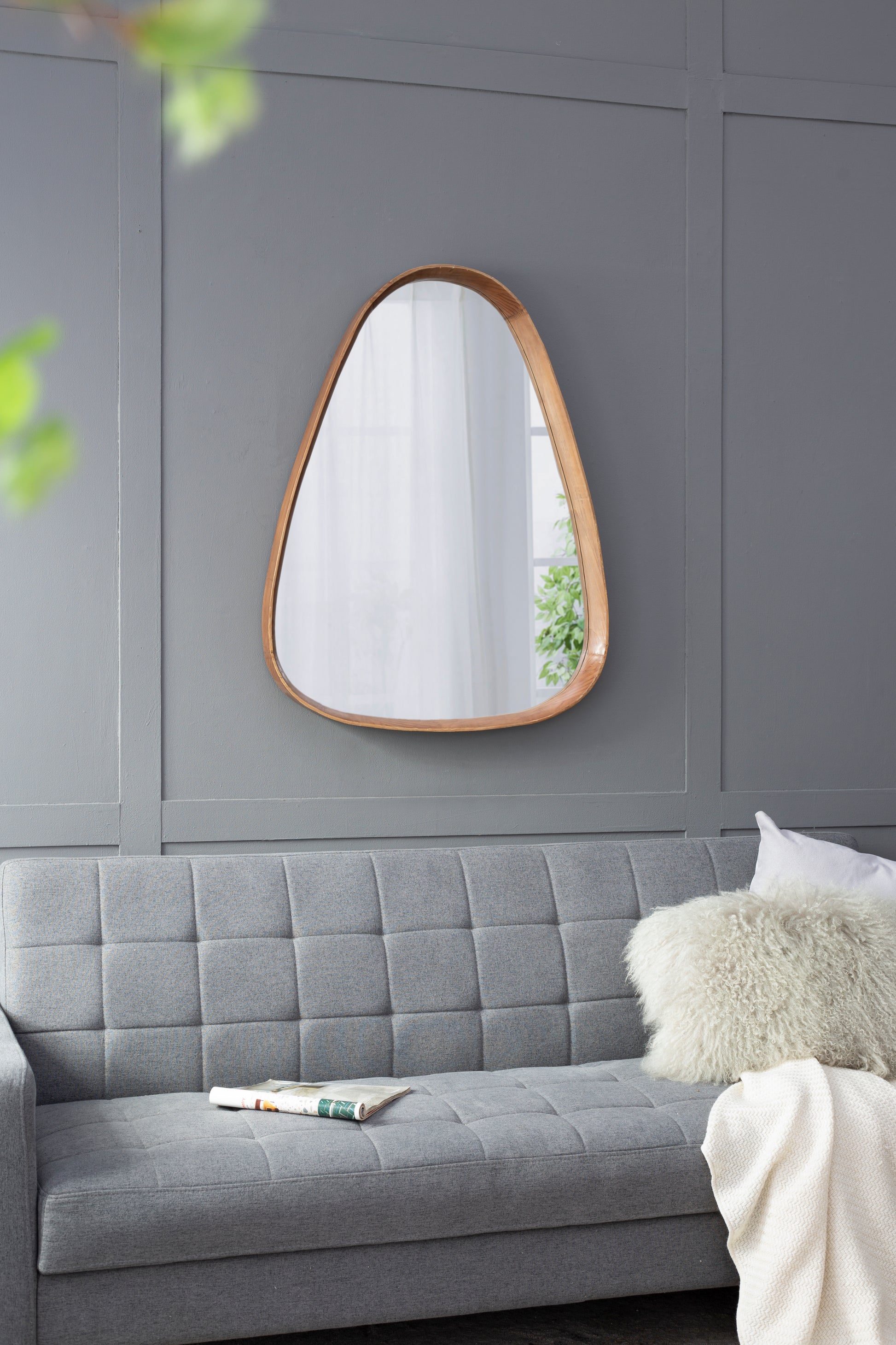 30"X38" Irrgeular Mirror With Wood Frame, Wall Mirror For Living Room Bathroom Entryway Brown Wood Glass