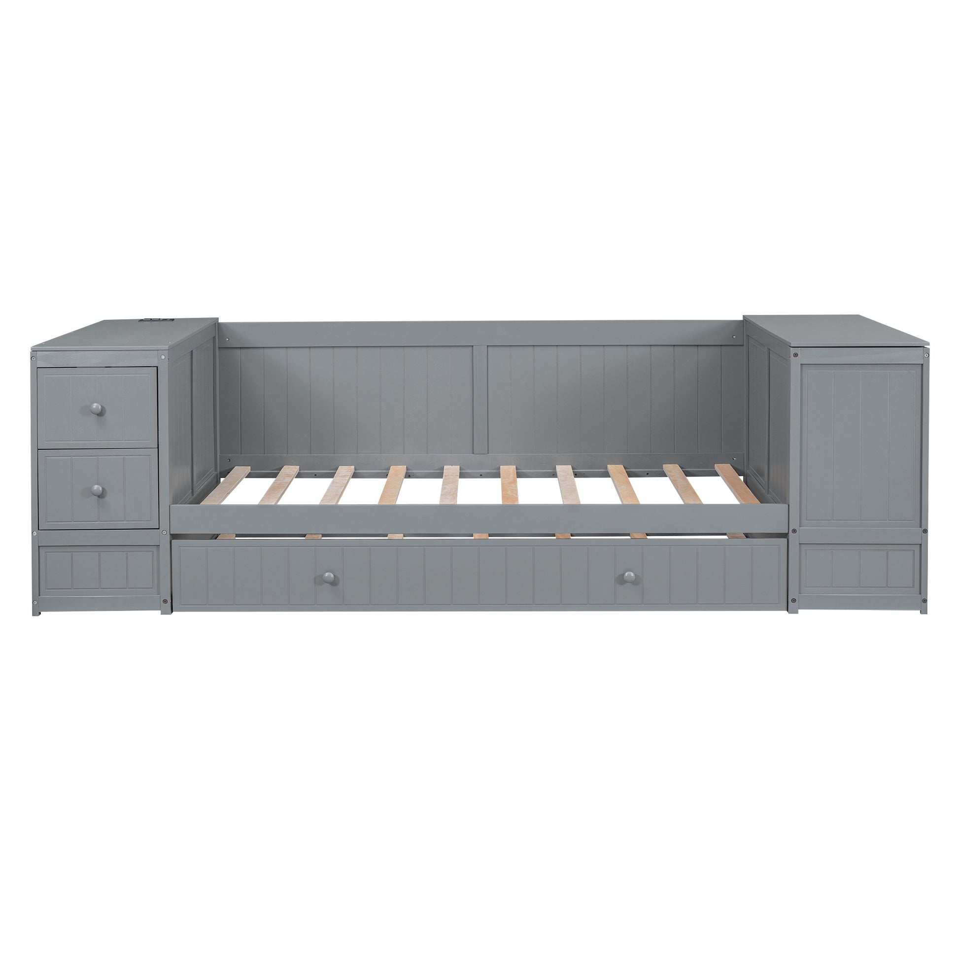 Twin Size Daybed With Storage Arms, Trundle And Charging Station, Gray Box Spring Not Required Twin Grey Wood Daybeds Solid Wood Mdf