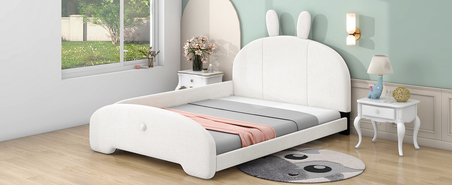 Full Size Upholstered Platform Bed With Cartoon Ears Shaped Headboard, White Box Spring Not Required Full White Wood Bedroom Bed Frame Polyester Upholstered