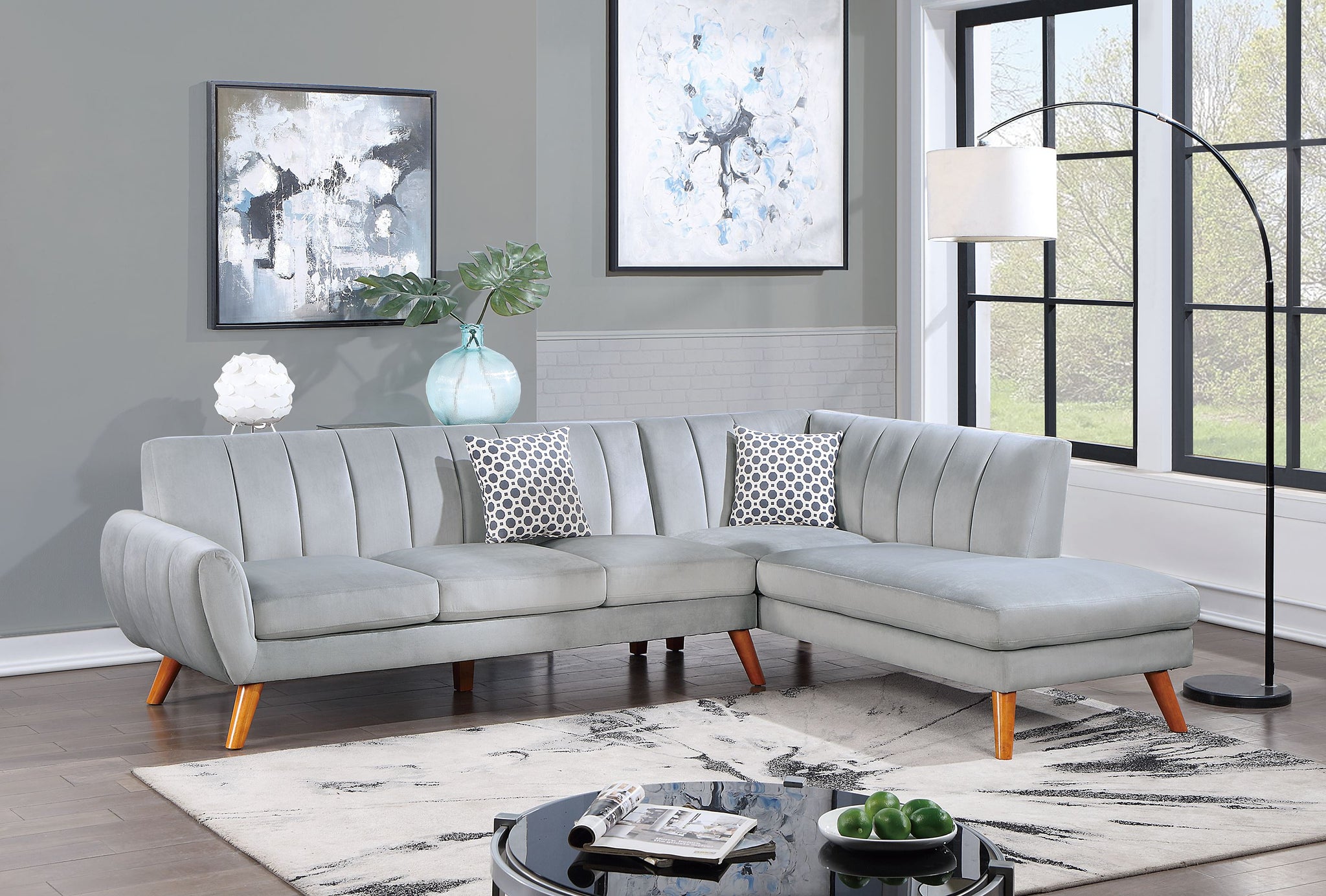 Sectional 2Pc In Black Faux Leather Light Gray Velvet