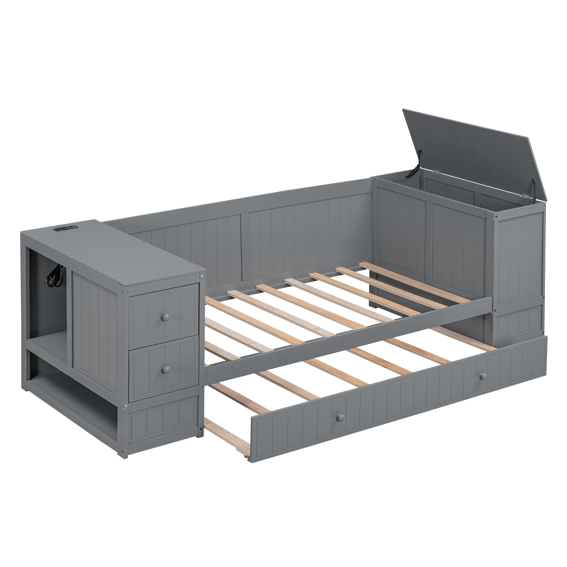 Twin Size Daybed With Storage Arms, Trundle And Charging Station, Gray Box Spring Not Required Twin Grey Wood Daybeds Solid Wood Mdf