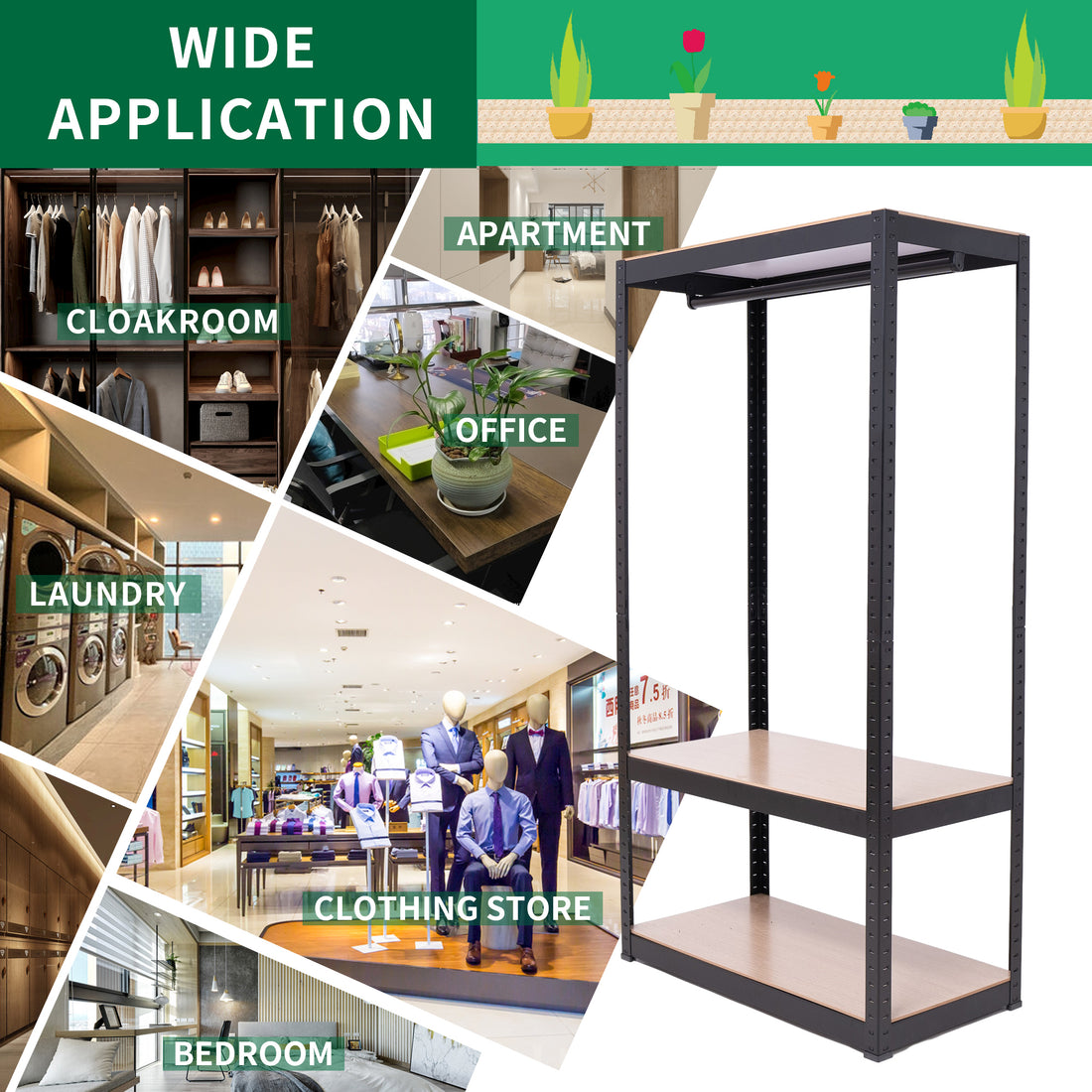 Heavy Duty Clothing Garment Rack, Freestanding Clothing Rack, Portable Closet Wardrobe With 1 Adjustable Wire Shelves 1 Clothe Rod For Hanging Clothes, Black Black Metal