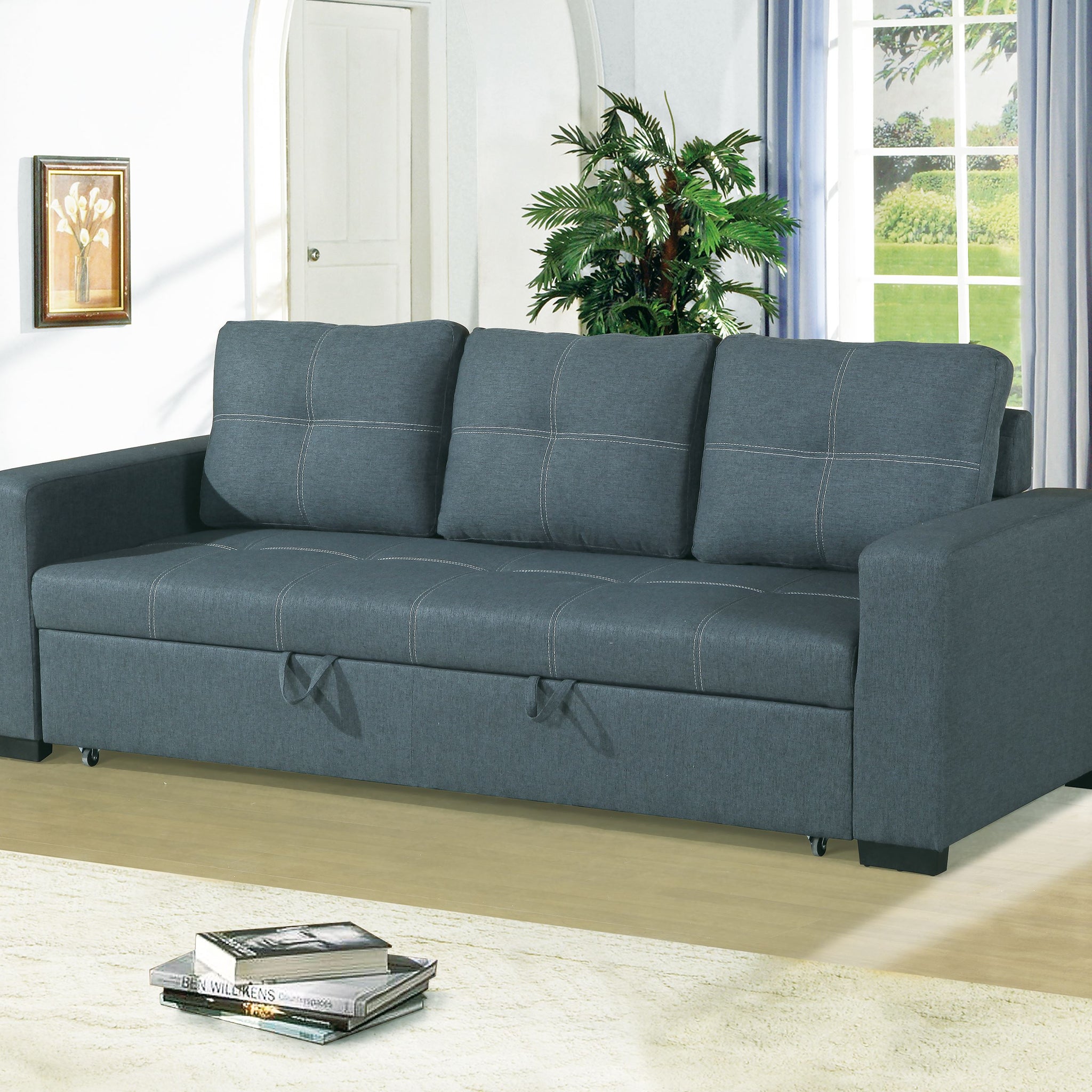 Convertible Sofa In Black Faux Leather Blue Grey Fabric