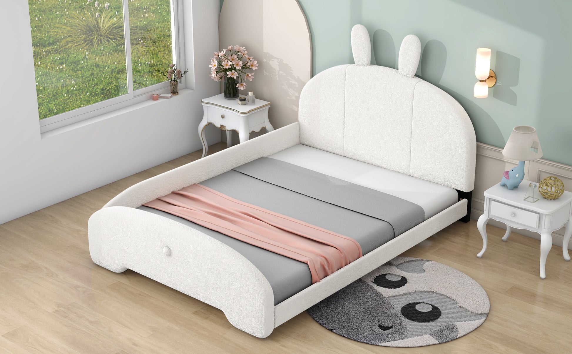 Full Size Upholstered Platform Bed With Cartoon Ears Shaped Headboard, White Box Spring Not Required Full White Wood Bedroom Bed Frame Polyester Upholstered