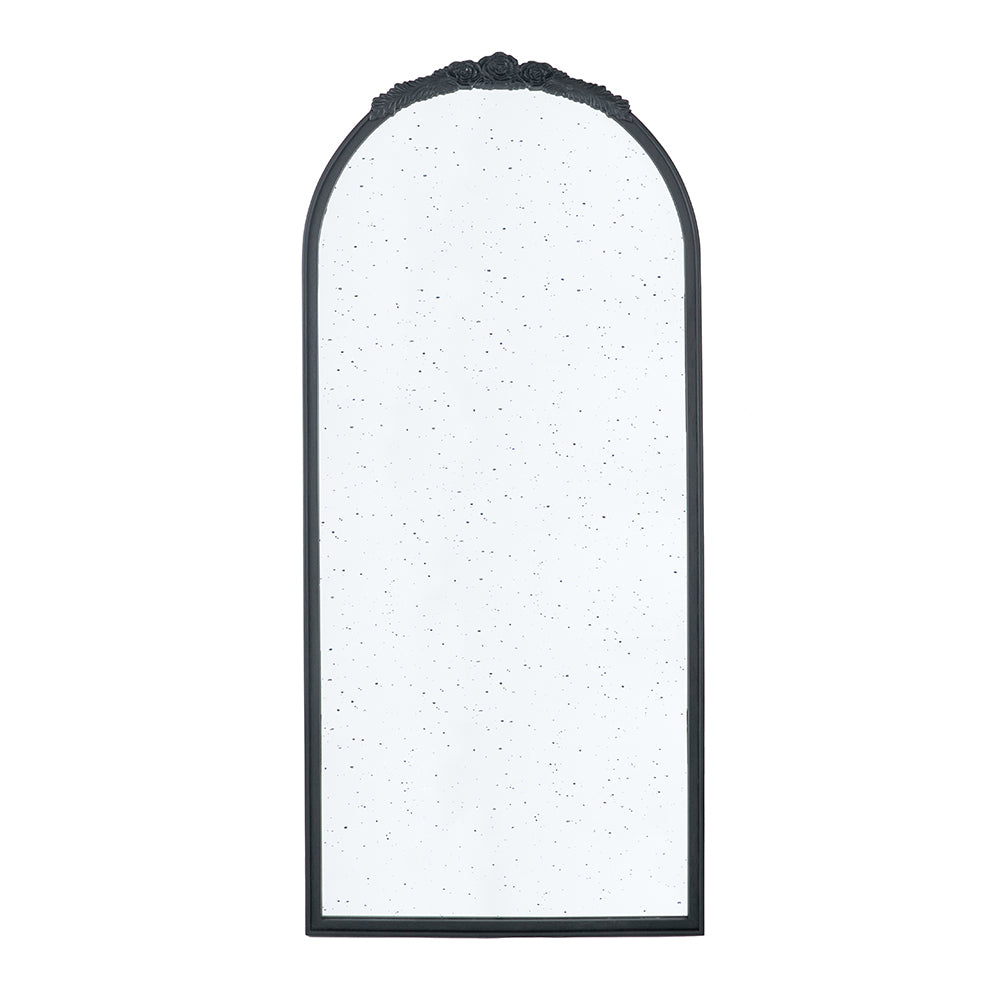 30" X 65" Hand Carved Rose Antique Mirror Frame, Large Arch Mirror Wall Decor For Living Room, Bathroom, Entryway Black Black Mdf Glass