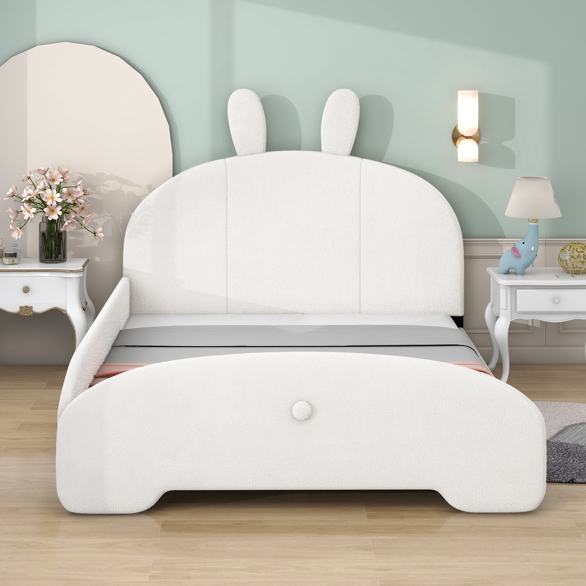 Full Size Upholstered Platform Bed With Cartoon Ears Shaped Headboard, White Box Spring Not Required Full White Wood Bedroom Bed Frame Polyester Upholstered