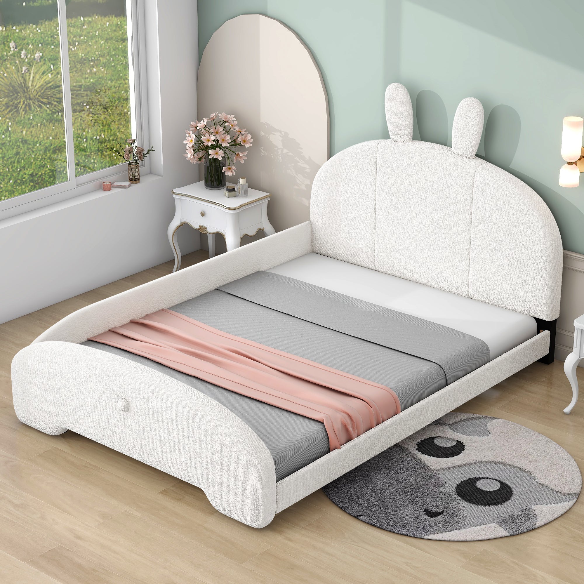 Full Size Upholstered Platform Bed With Cartoon Ears Shaped Headboard, White Box Spring Not Required Full White Wood Bedroom Bed Frame Polyester Upholstered