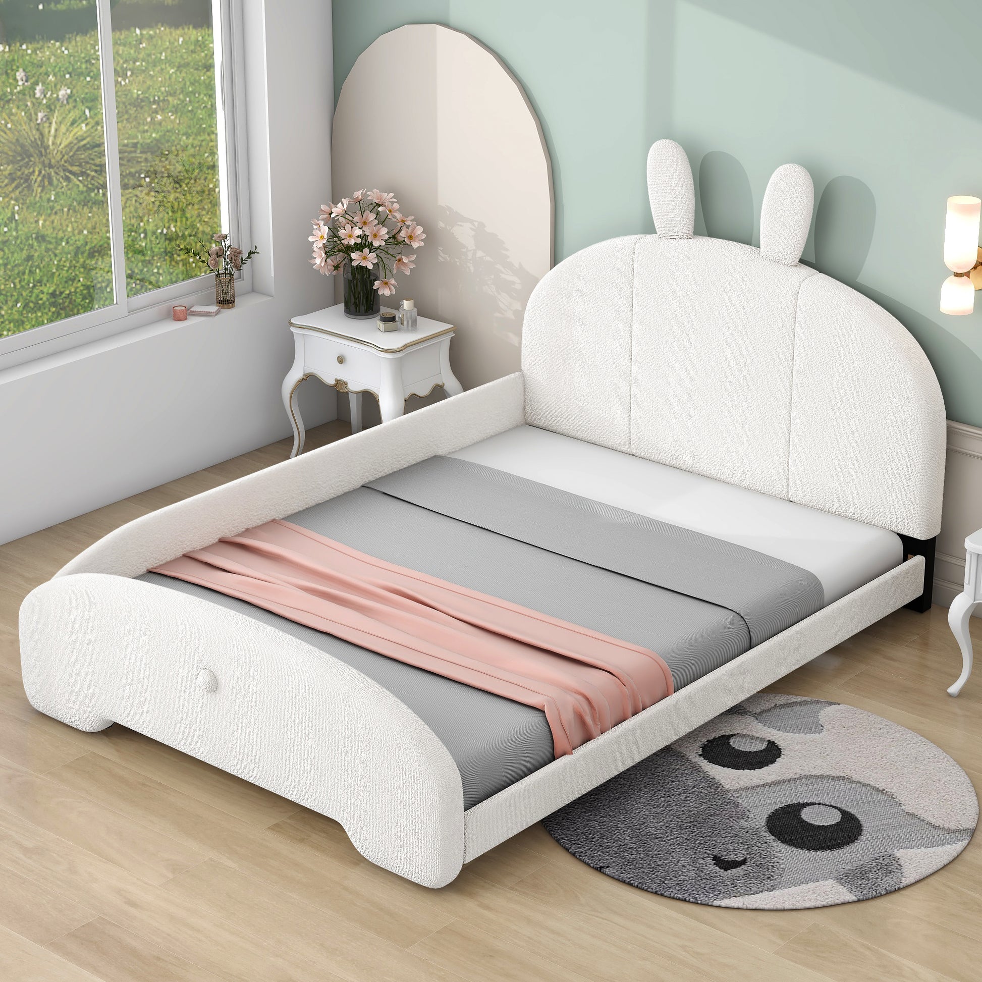 Full Size Upholstered Platform Bed With Cartoon Ears Shaped Headboard, White Box Spring Not Required Full White Wood Bedroom Bed Frame Polyester Upholstered