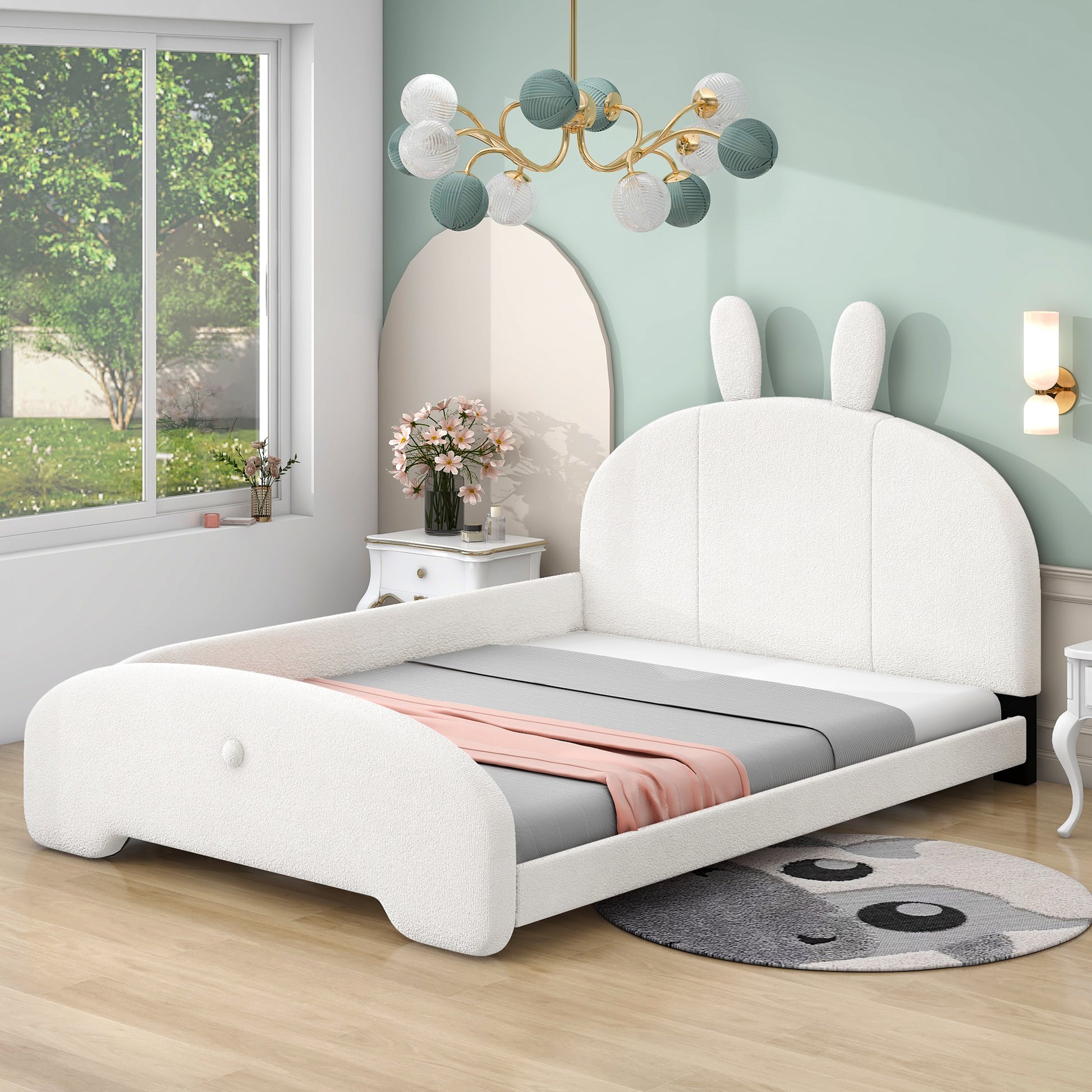 Full Size Upholstered Platform Bed With Cartoon Ears Shaped Headboard, White Box Spring Not Required Full White Wood Bedroom Bed Frame Polyester Upholstered