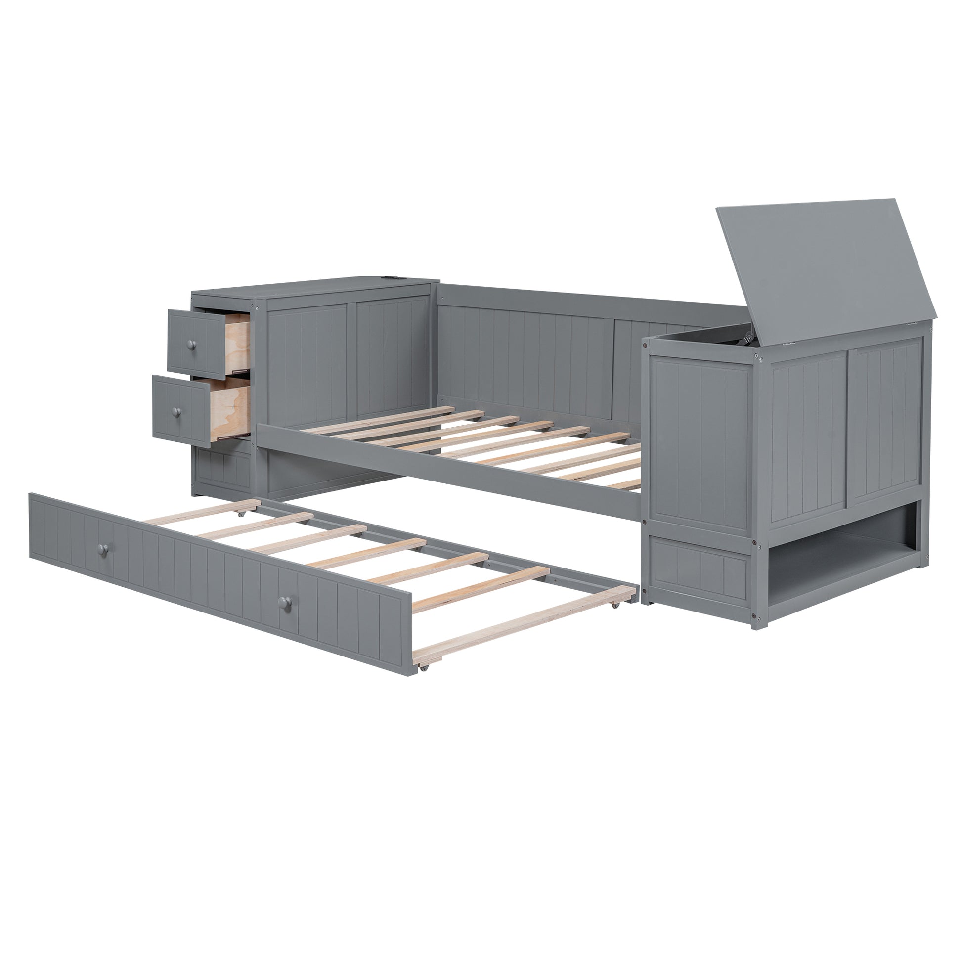 Twin Size Daybed With Storage Arms, Trundle And Charging Station, Gray Box Spring Not Required Twin Grey Wood Daybeds Solid Wood Mdf