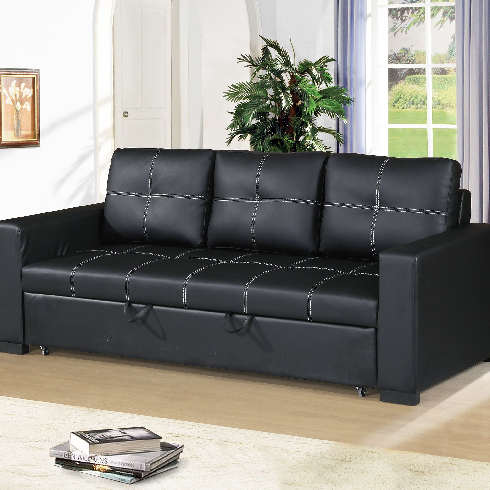 Convertible Sofa In Black Faux Leather Black Faux Leather