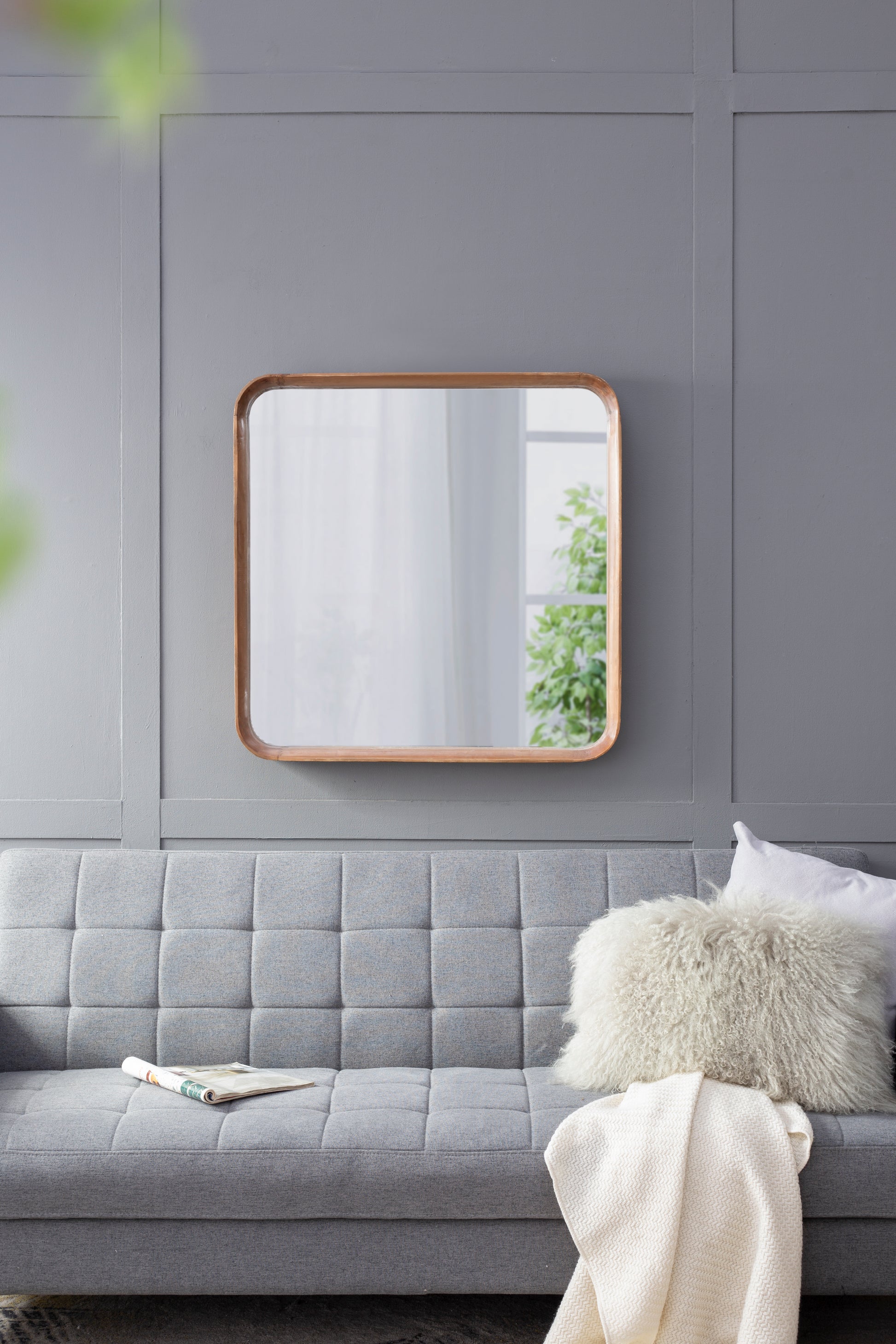 32"X32" Square Mirror With Wood Frame, Wall Mirror For Living Room Bathroom Entryway Brown Wood Glass