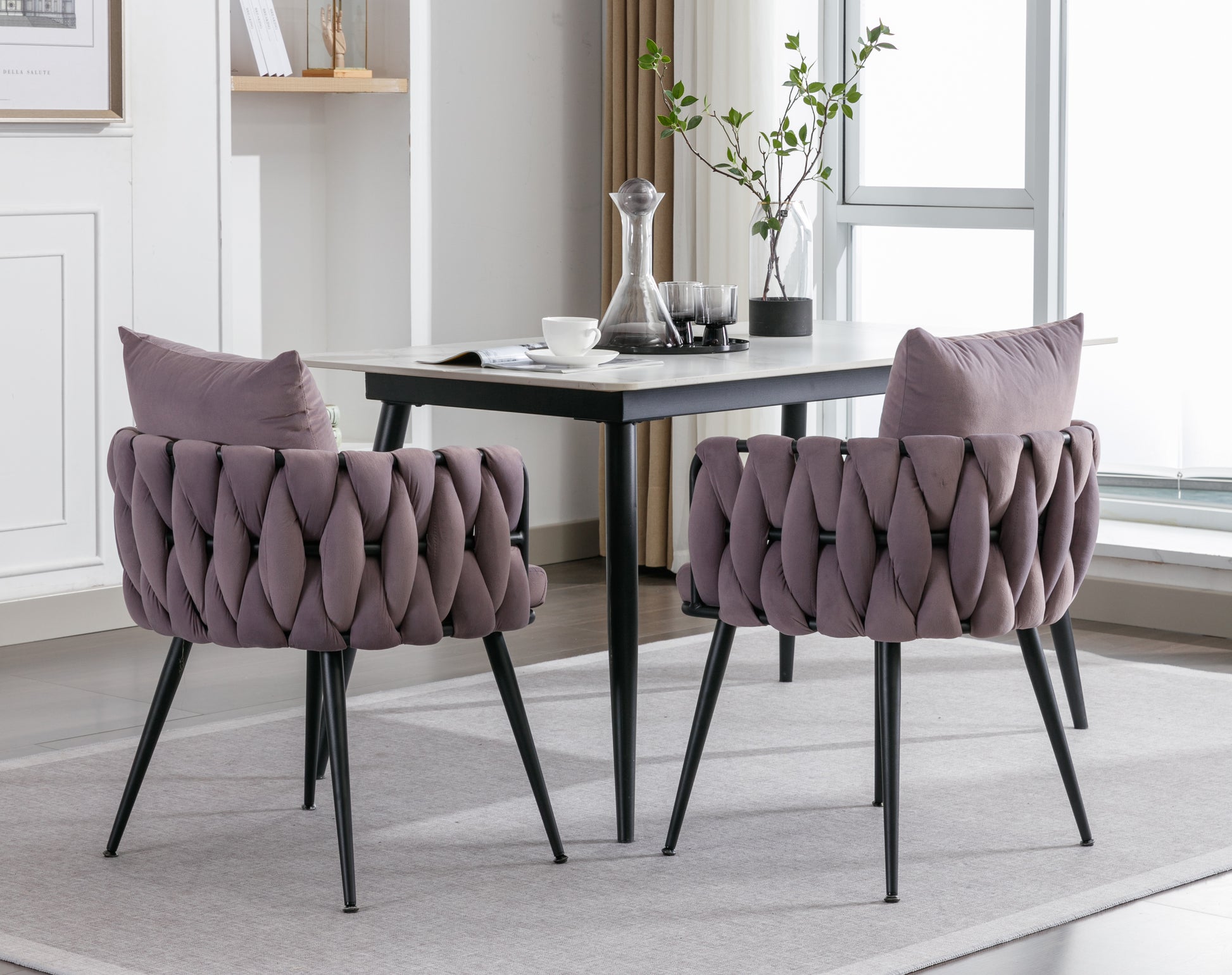 Pure Purple Modern Velvet Dining Chairs Set Of 2 Hand Weaving Accent Chairs Living Room Chairs Upholstered Side Chair With Black Metal Legs For Dining Room Kitchen Vanity Living Room Purple Velvet