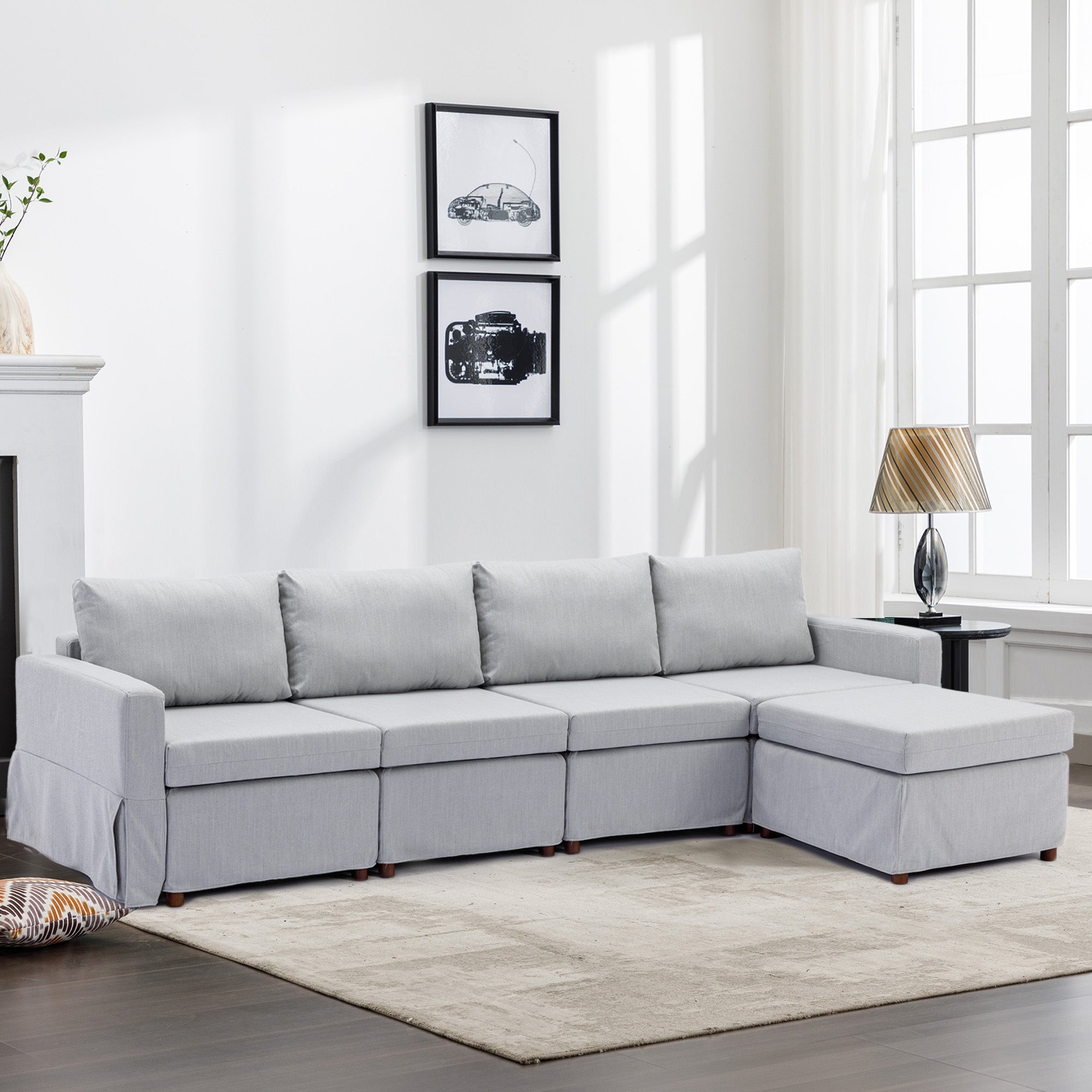 4 Seat Module Sectional Sofa Couch With 1 Ottoman,Seat Cushion And Back Cushion Removable And Washable,Light Grey Light Grey Wood Primary Living Space Soft Modern Rubberwood Foam Linen 4 Seat