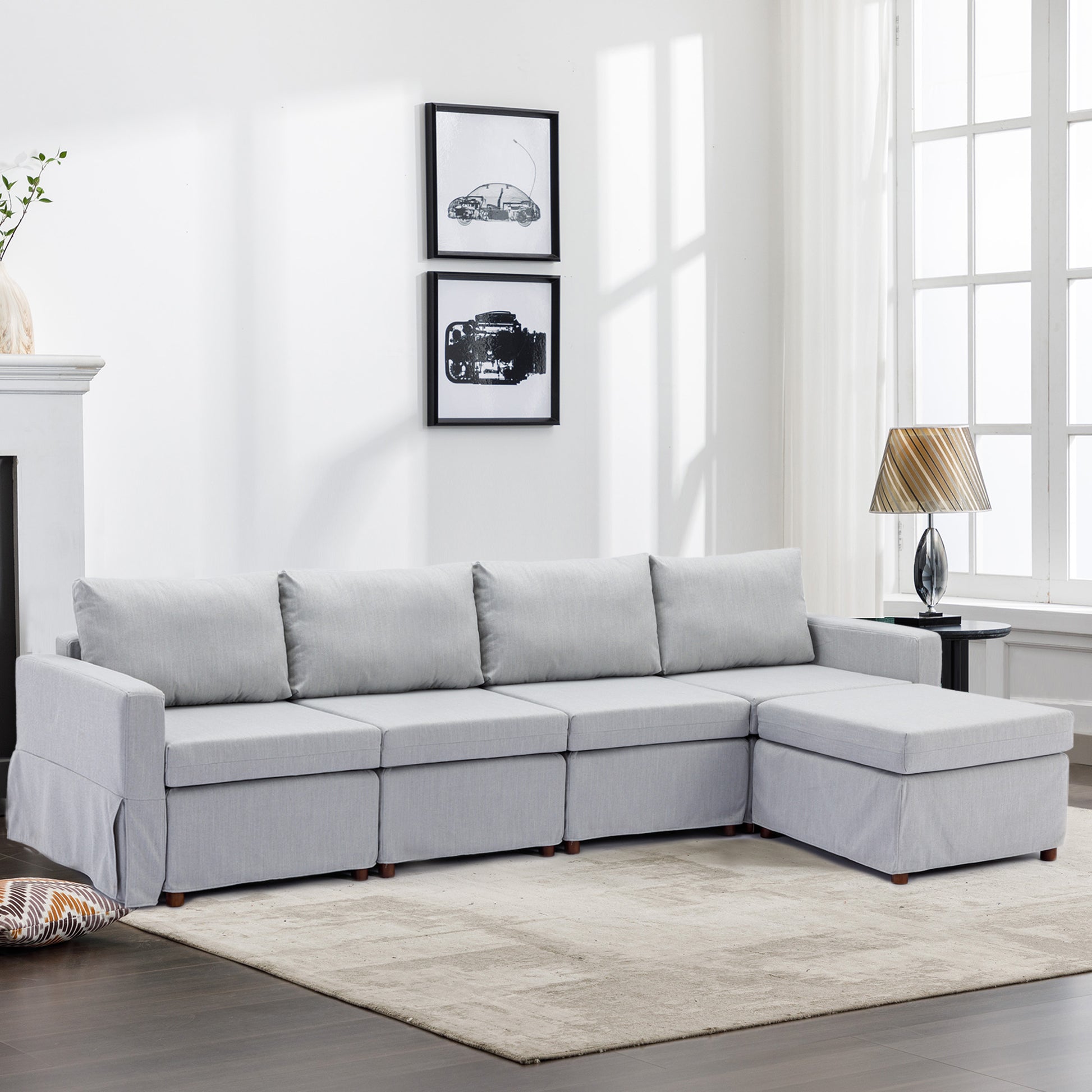 4 Seat Module Sectional Sofa Couch With 1 Ottoman,Seat Cushion And Back Cushion Removable And Washable,Light Grey Light Grey Wood Primary Living Space Soft Modern Rubberwood Foam Linen 4 Seat