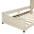 Twin Size Upholstered Daybed With Classic Stripe Shaped Headboard, Beige Beige Velvet