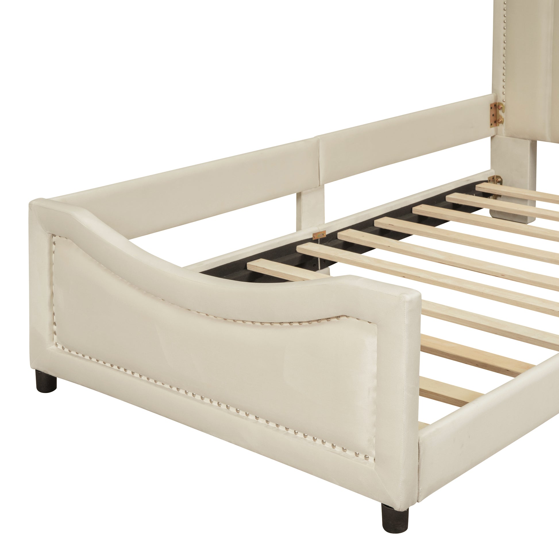 Twin Size Upholstered Daybed With Classic Stripe Shaped Headboard, Beige Beige Velvet