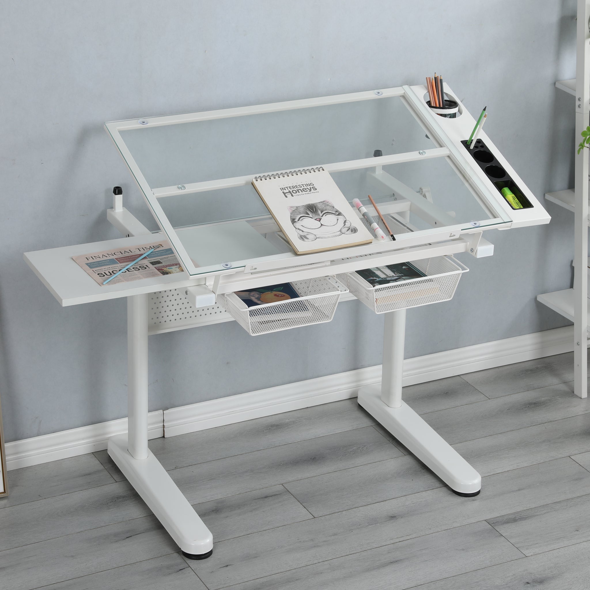 Hand Crank Adjustable Drafting Table Drawing Desk With 2 Metal Drawers White With Stool White Glass Metal