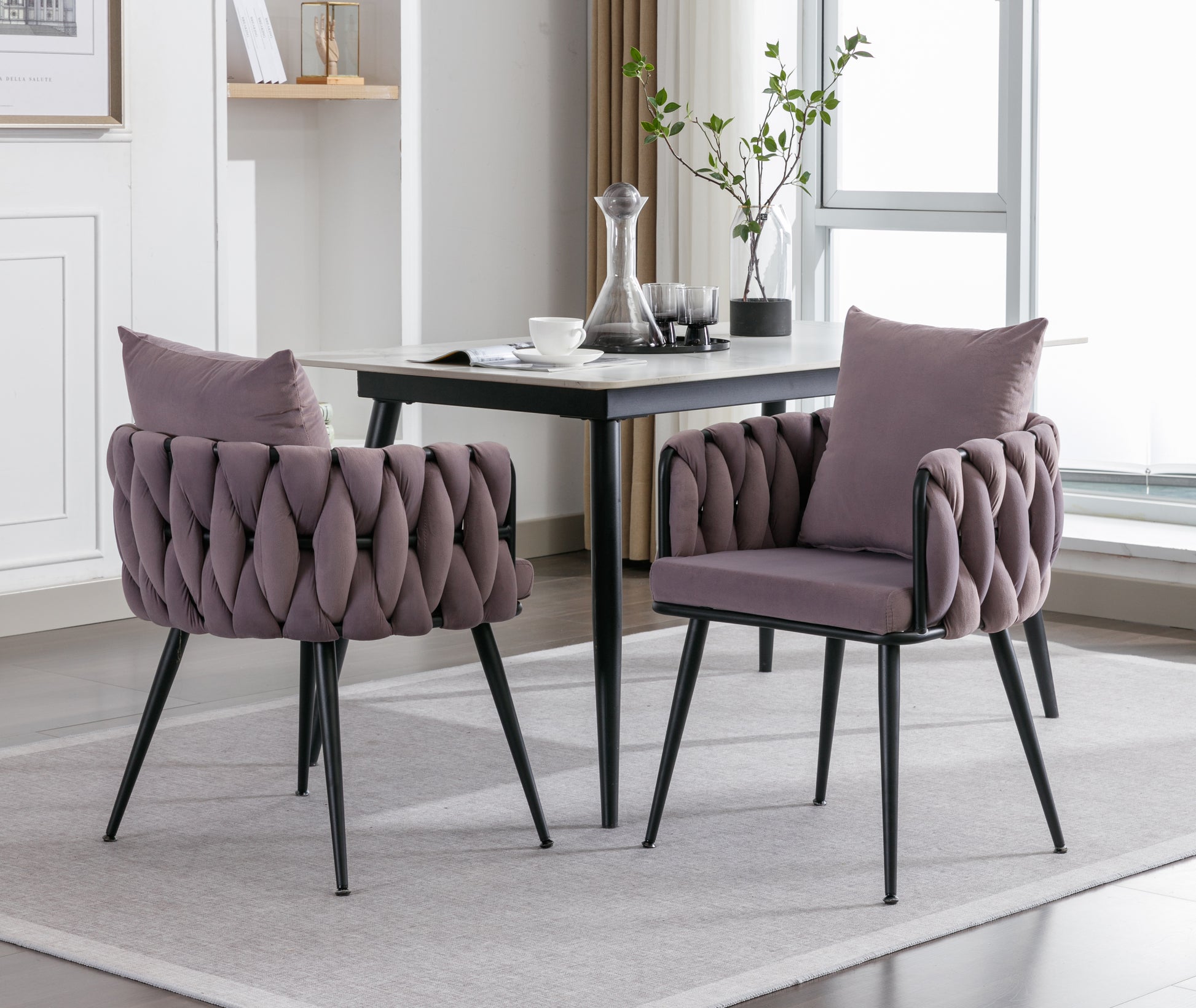 Pure Purple Modern Velvet Dining Chairs Set Of 2 Hand Weaving Accent Chairs Living Room Chairs Upholstered Side Chair With Black Metal Legs For Dining Room Kitchen Vanity Living Room Purple Velvet
