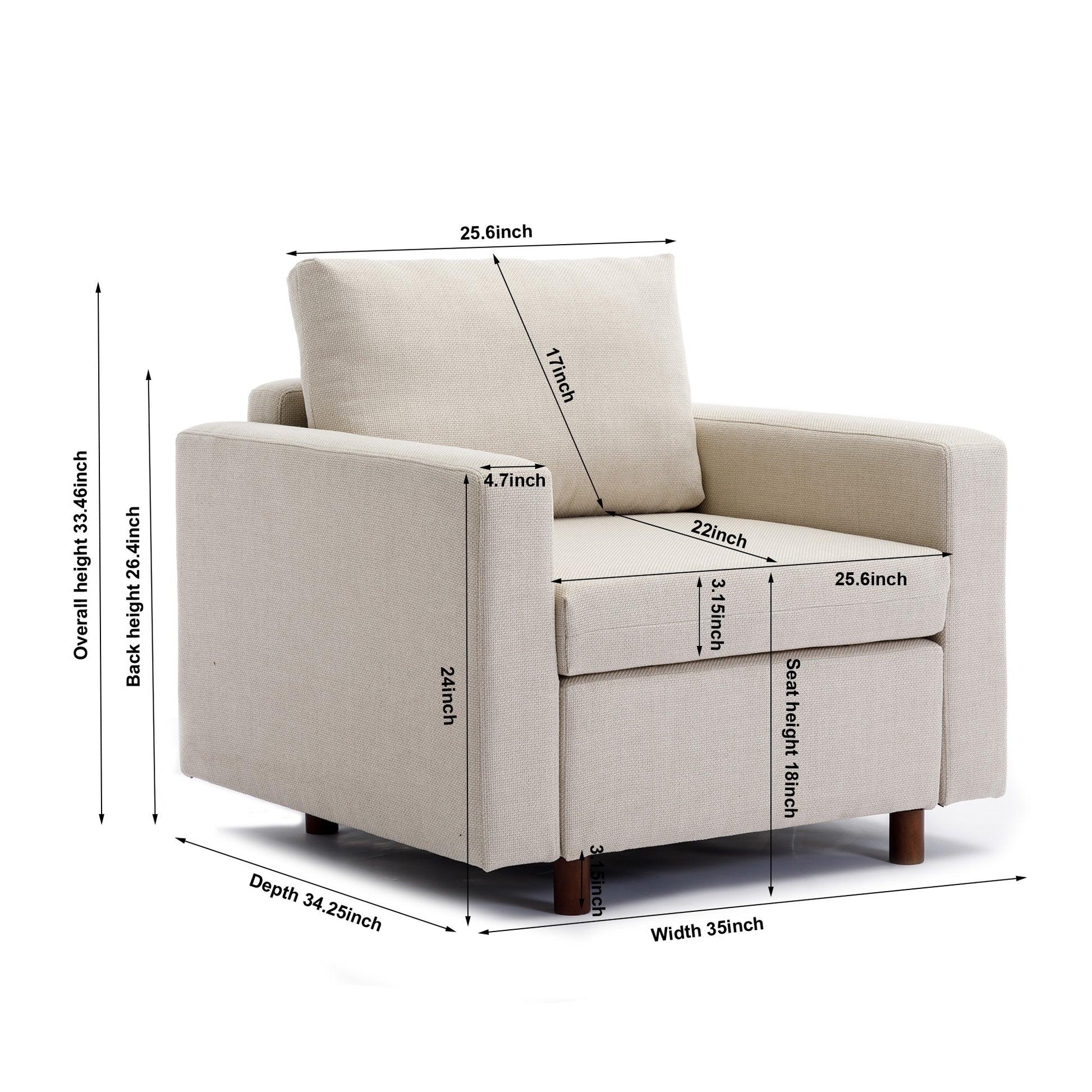Single Seat Module Sofa Sectional Couch,Cushion Covers Non Removable And Non Washable,Cream Cream Linen Wood Primary Living Space Soft Cushion Back Modern Rubberwood Square Arms Foam Linen 1 Seat