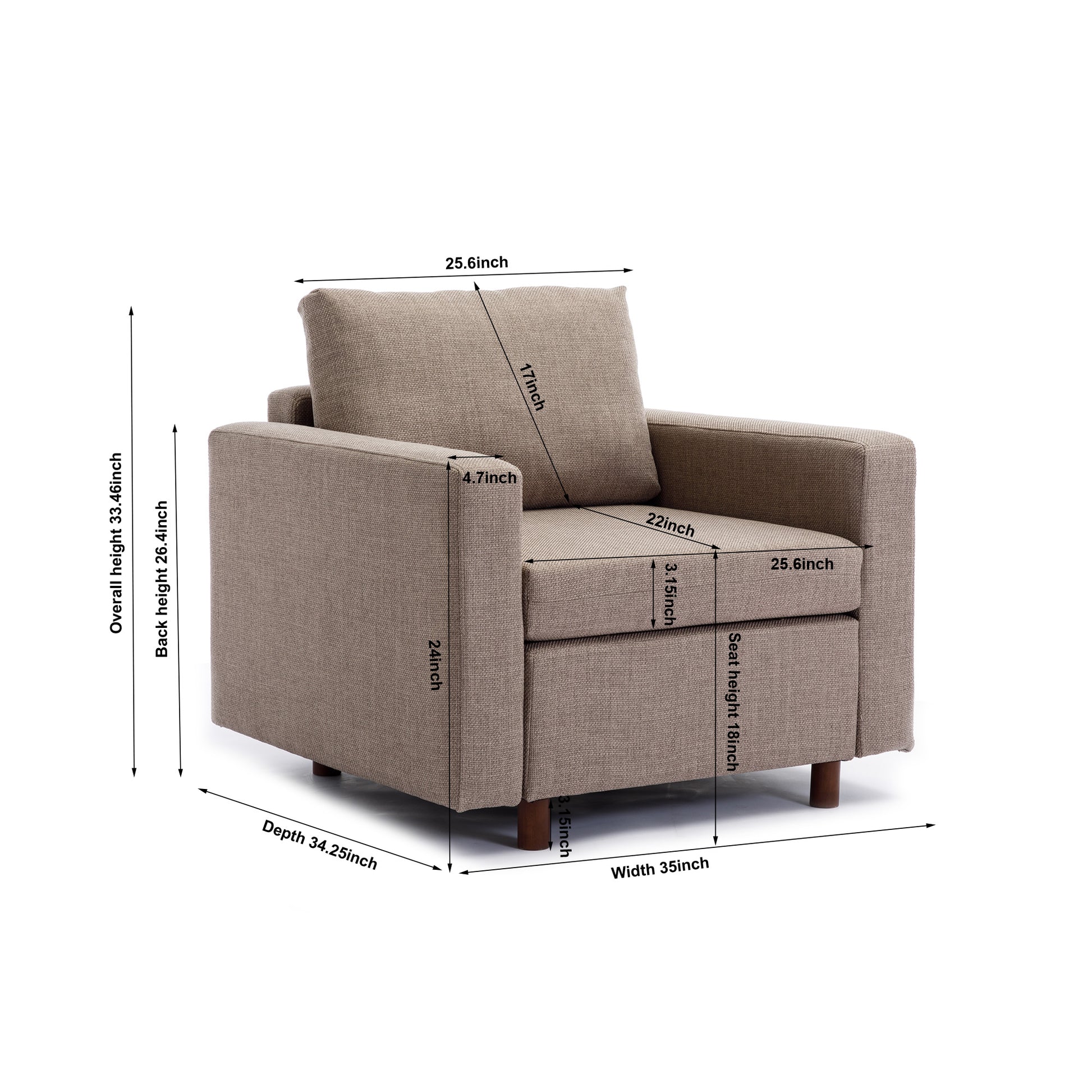 Single Seat Module Sofa Sectional Couch,Cushion Covers Non Removable And Non Washable,Linen Fabric And Comfy Cushion Wood Legs,Brown Brown Wood Primary Living Space Soft Cushion Back Modern Rubberwood Square Arms Foam Linen 1 Seat