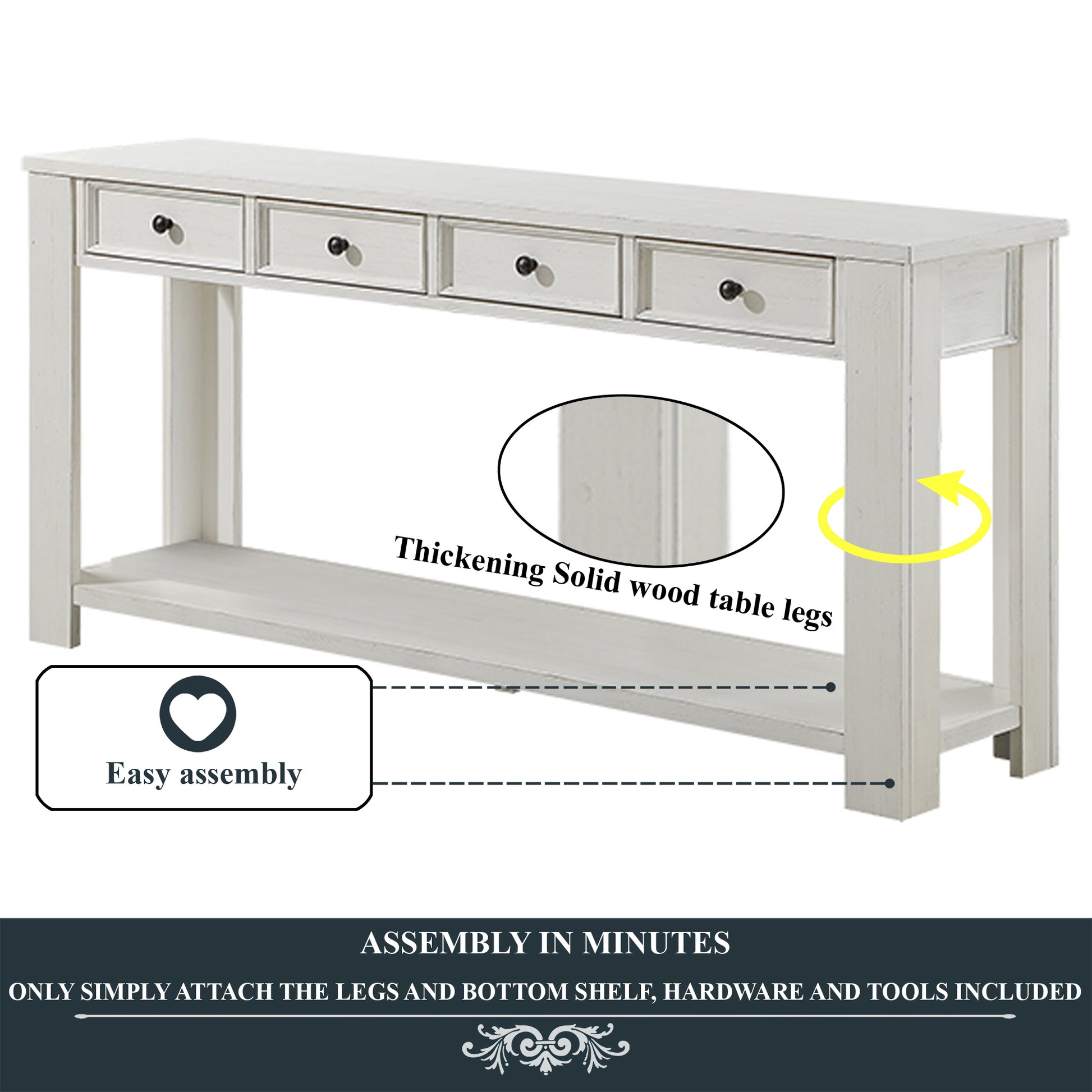 63" Pine Wood Console Table With 4 Drawers And 1 Bottom Shelf For Entryway Hallway Easy Assembly 63 Inch Long Sofa Table Antique White Antique White Pine