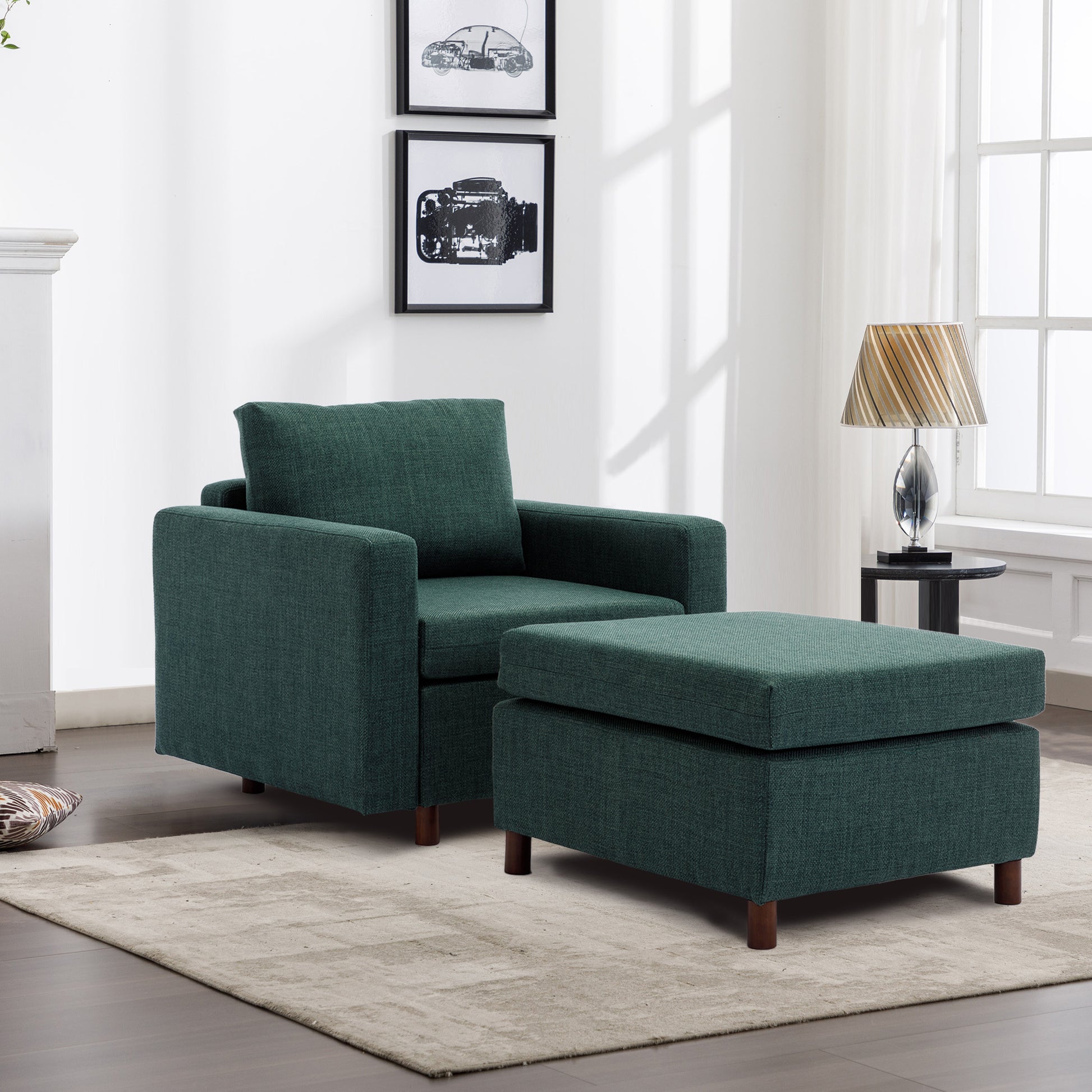Single Seat Module Sofa Sectional Couch With Armrest With 1 Ottoman,Cushion Covers Non Removable And Non Washable,Green Green Wood Primary Living Space Soft Modern Rubberwood Foam Linen 1 Seat