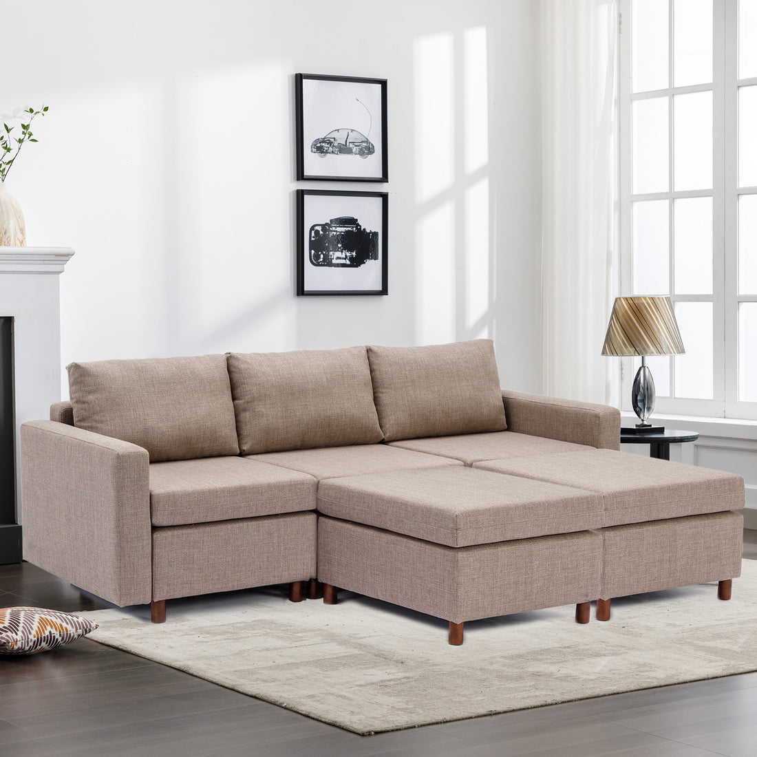 3 Seat Module Sectional Sofa Couch With 2 Ottoman For Living Room,Seat Cushion And Back Cushion Non Removable And Non Washable,Brown Brown Wood Primary Living Space Soft Modern Rubberwood Foam Linen