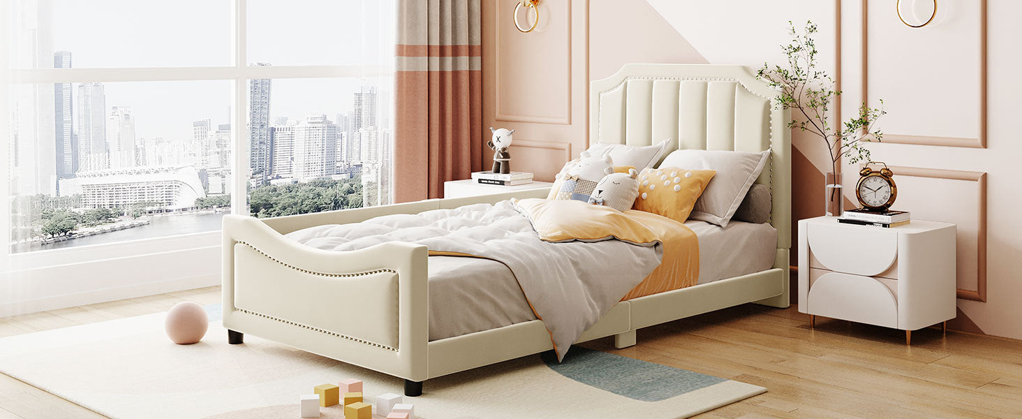 Twin Size Upholstered Daybed With Classic Stripe Shaped Headboard, Beige Beige Velvet
